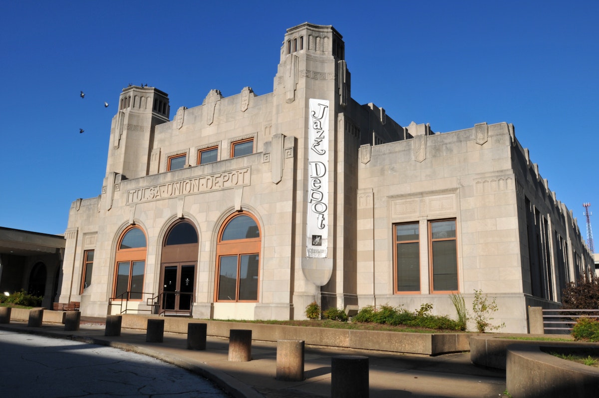 The historic Tulsa Union Depot, an art deco landmark and former railway station, now houses the Oklahoma Jazz Hall of Fame.
