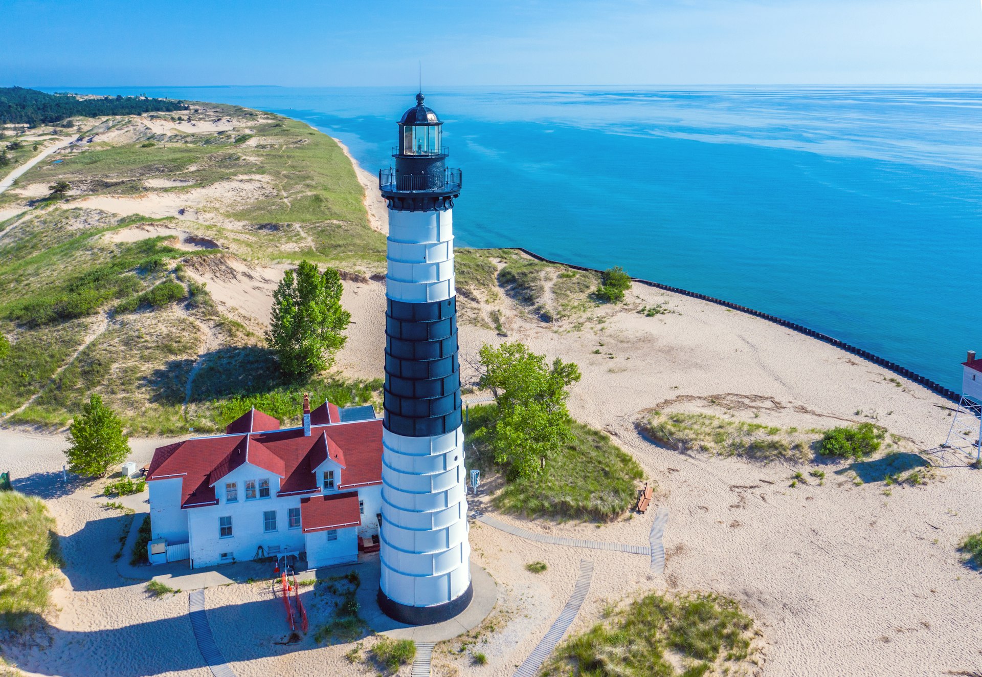 Aerial view of Big Sable Point Lighthouse near Ludington, Michigan; Ludington State Park; Lake Michigan