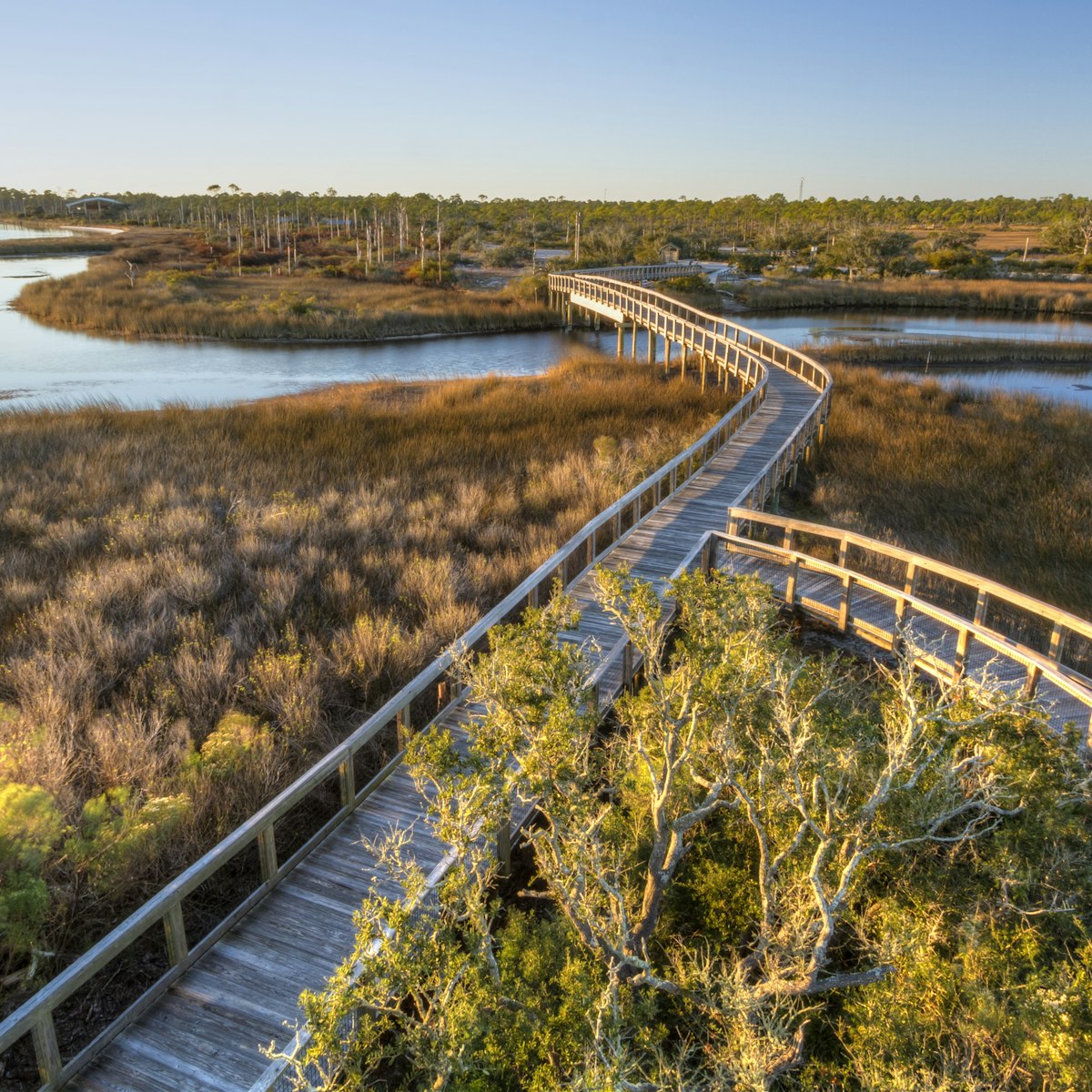 Boardwalk trails cross a tidal outlet to Grand Lagoon in Big Lagoon State Park.