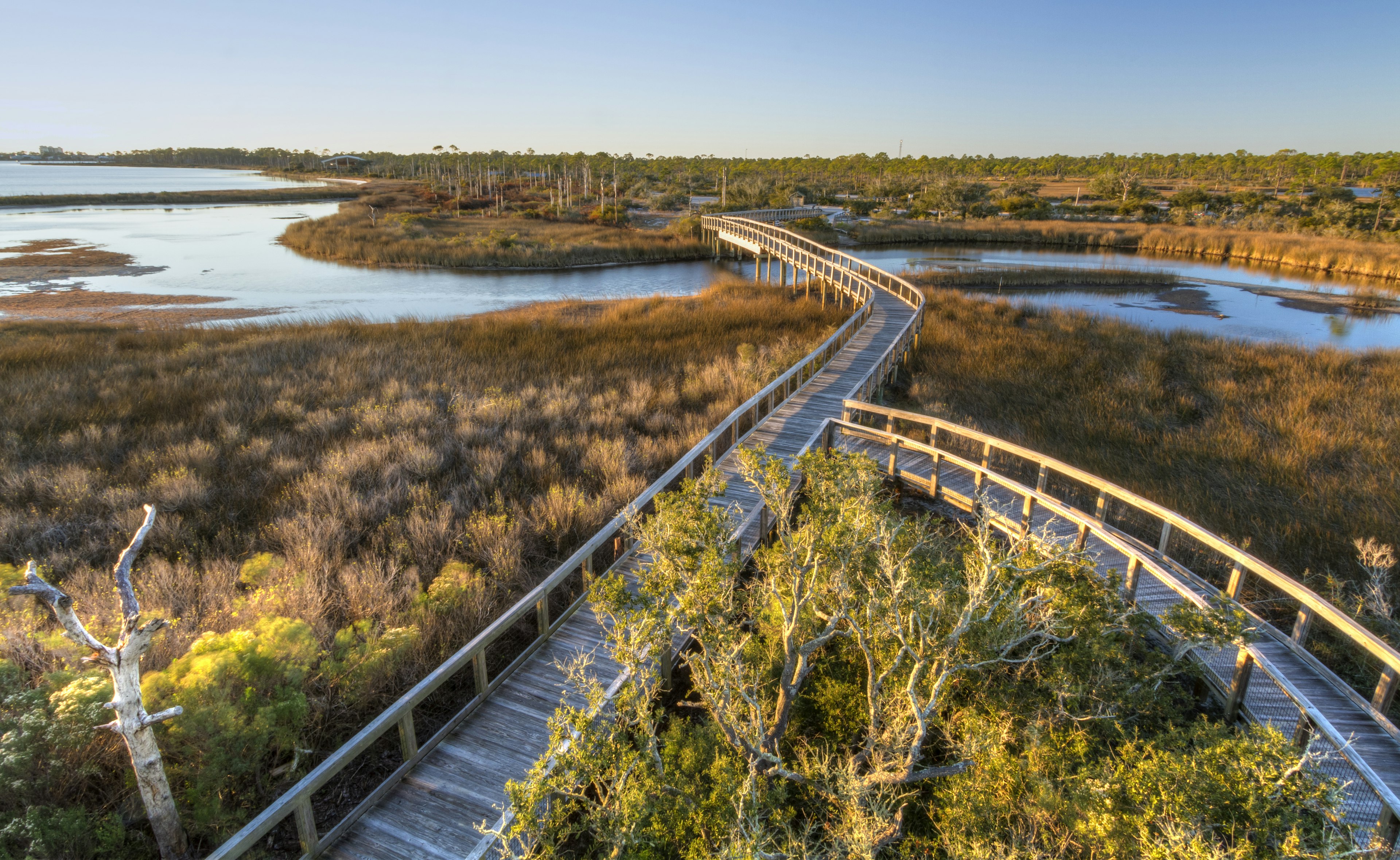 Boardwalk trails cross a tidal outlet to Grand Lagoon in Big Lagoon State Park