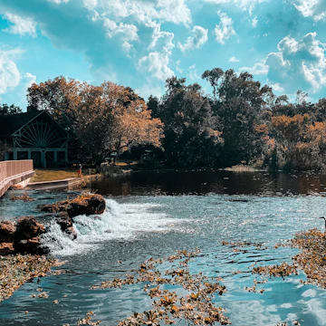 De Leon Springs State Park, which features a sugar cane mill that was once powered by the spring in the 1830's, shown in the background.