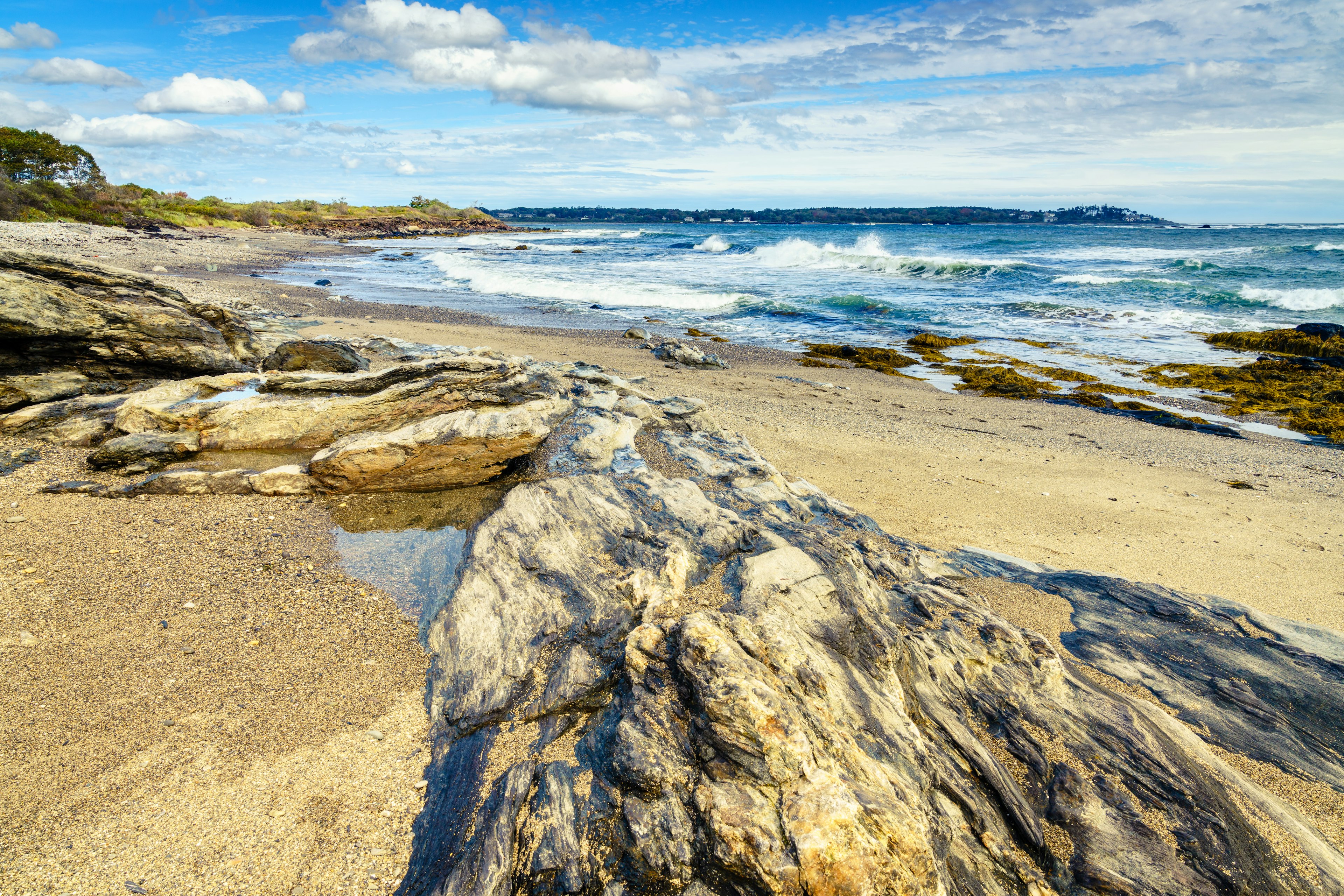 Scenic view of the rocky coastline at Crescent Beach State Park in Cape Elizabeth, Maine