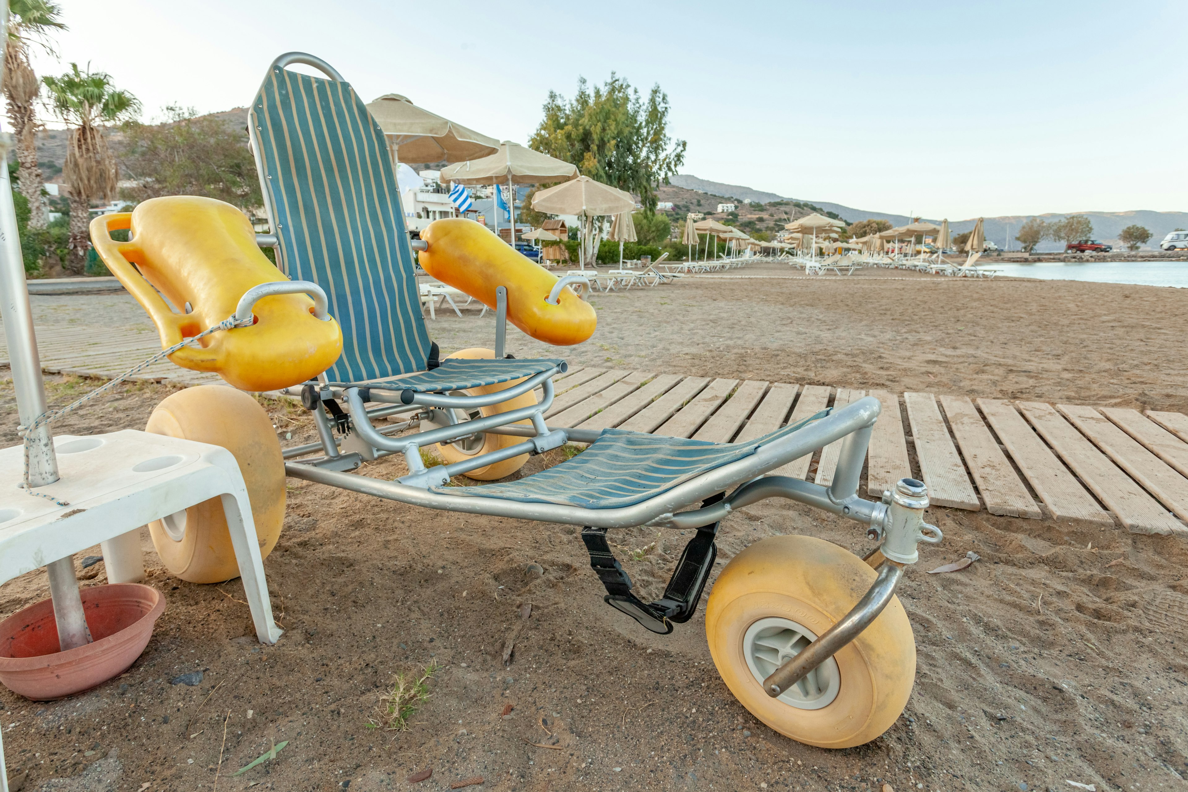 A “beach wheels” chair on a beach in Greece