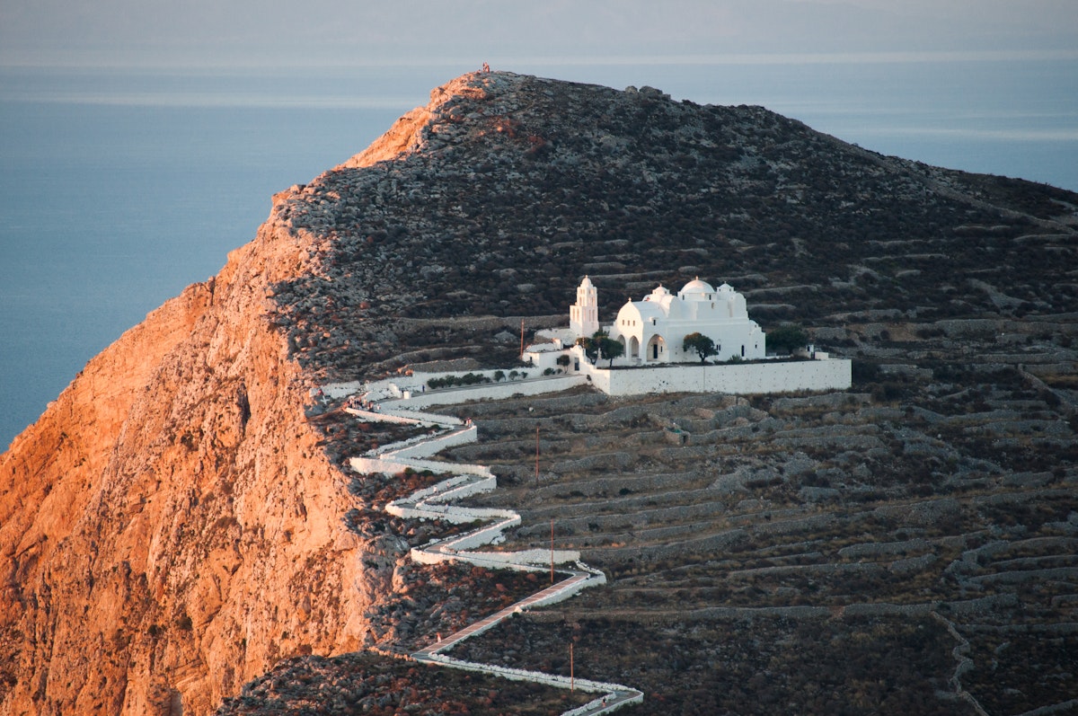 View of the church of Panagia at sunset on the Greek island of Folegandros.