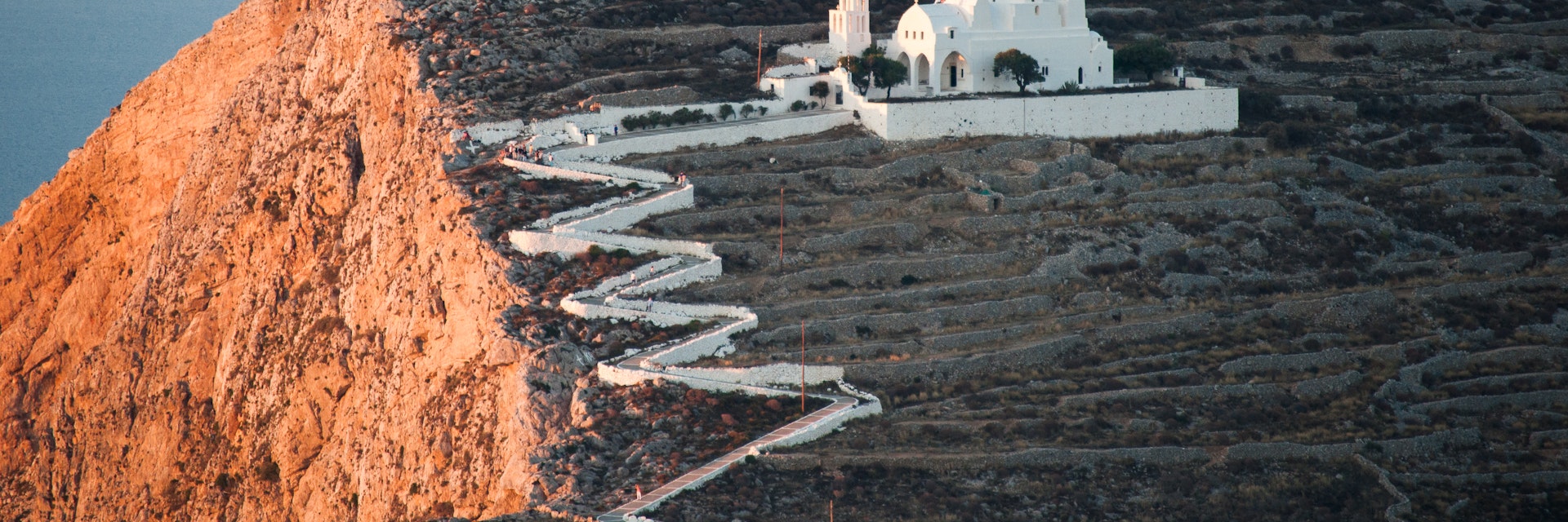 View of the church of Panagia at sunset on the Greek island of Folegandros.
