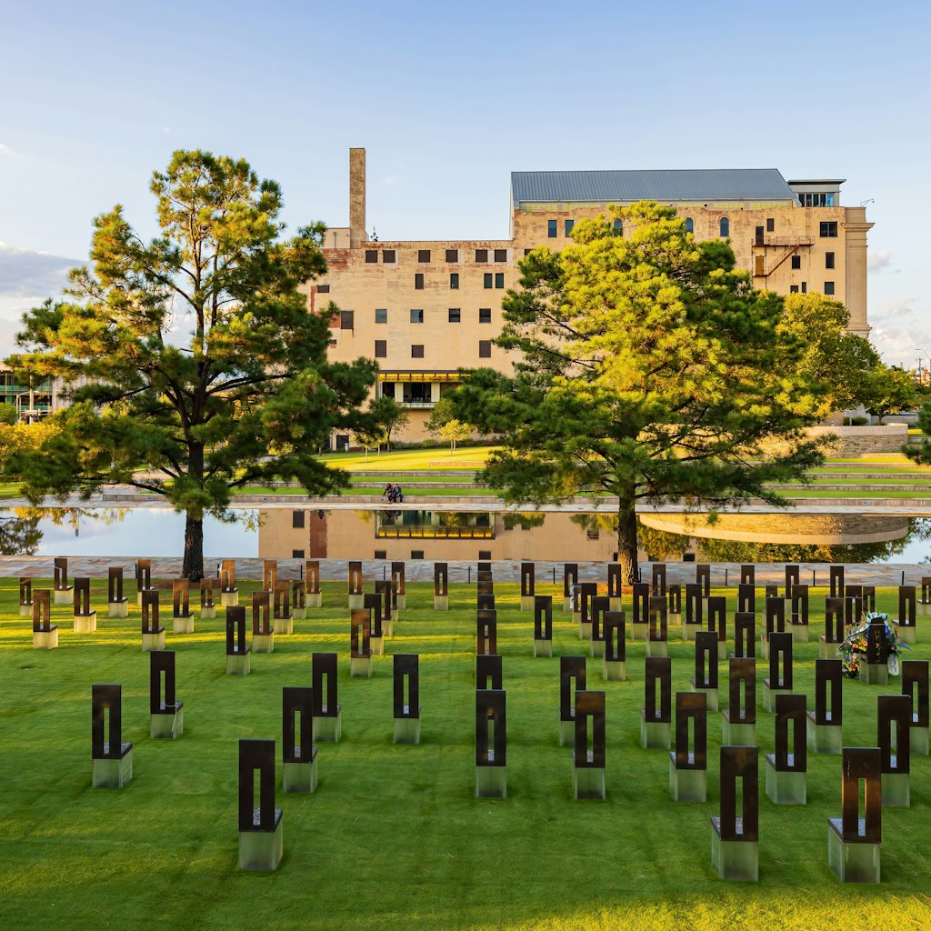 Sunset at the exterior garden of Oklahoma City National Memorial and Museum.