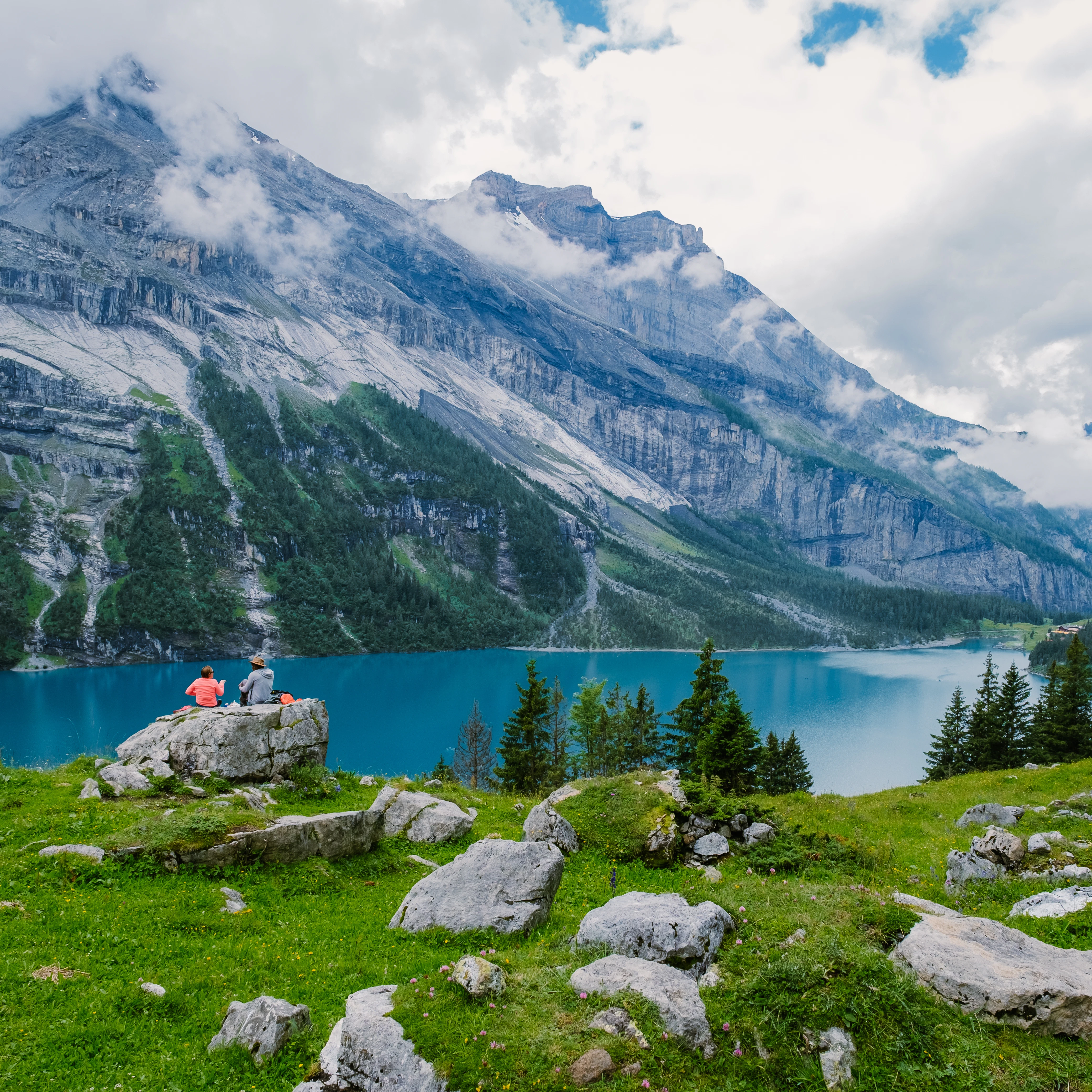 Summer morning on Oeschinensee Lake.