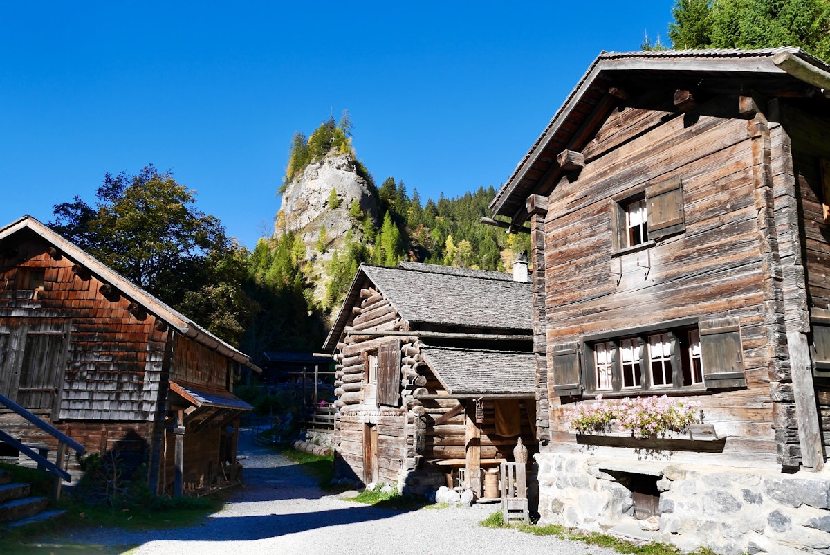 Typical wooden houses Sankt Martin, Walser settlement, in Calfeisental, Switzerland.