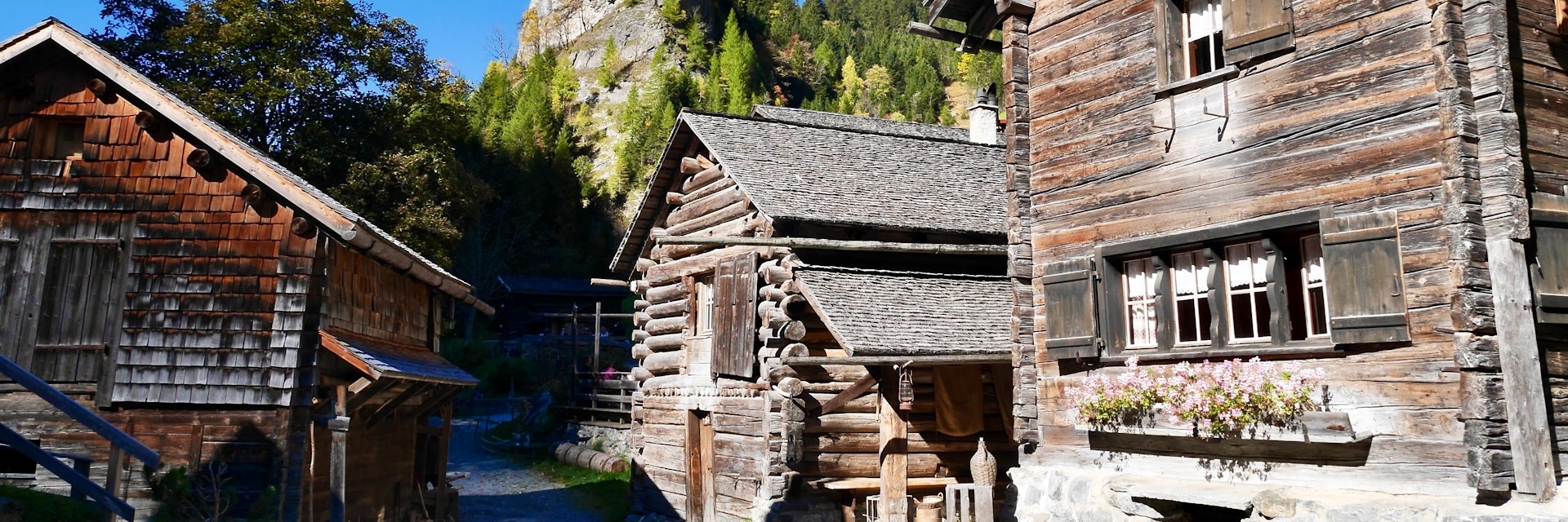 Typical wooden houses Sankt Martin, Walser settlement, in Calfeisental, Switzerland.
