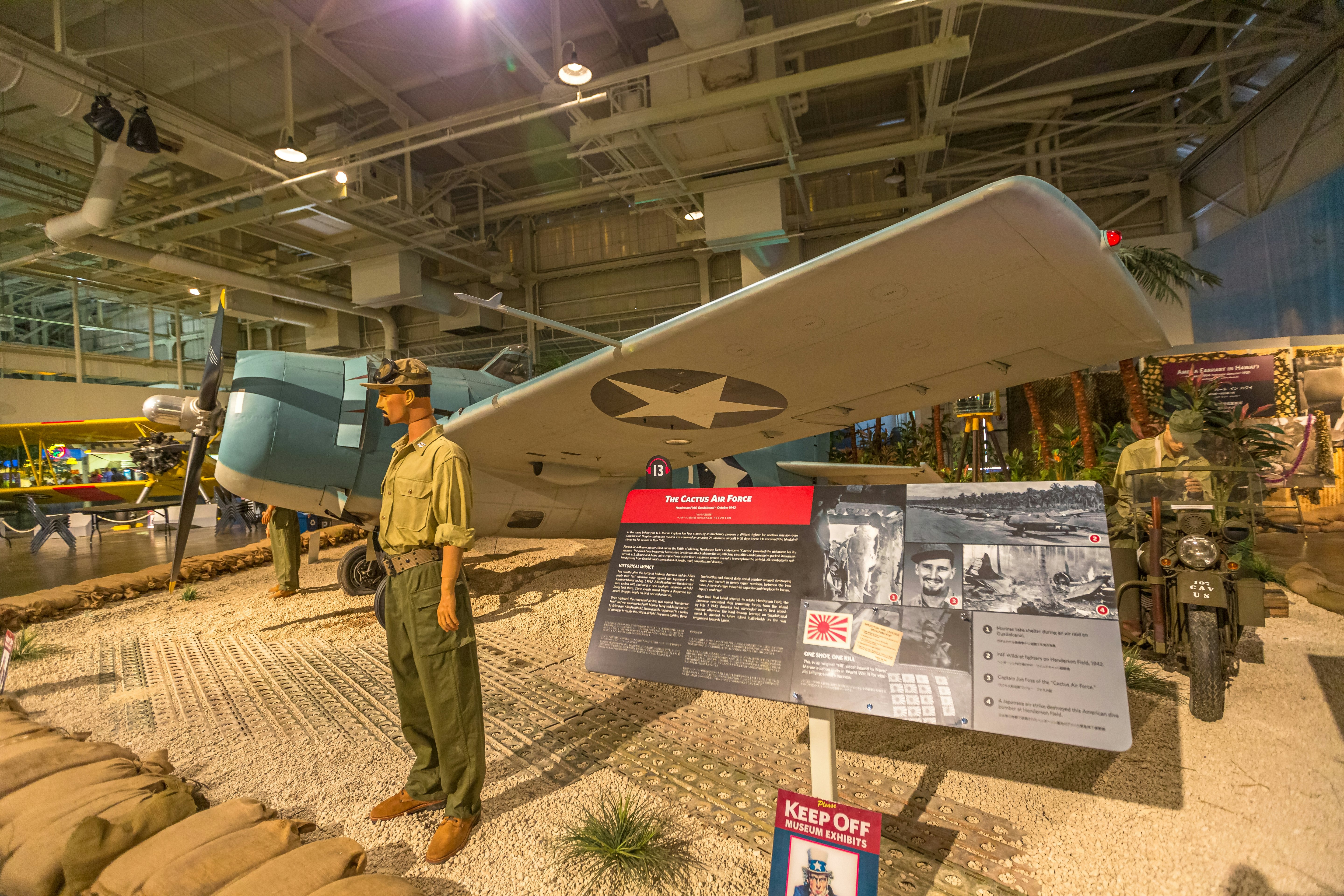 American Grumman F4F-3 Wildcat Fighter of 1942 in Hangar 37 of the Pearl Harbor Aviation Museum of Hawaii. 