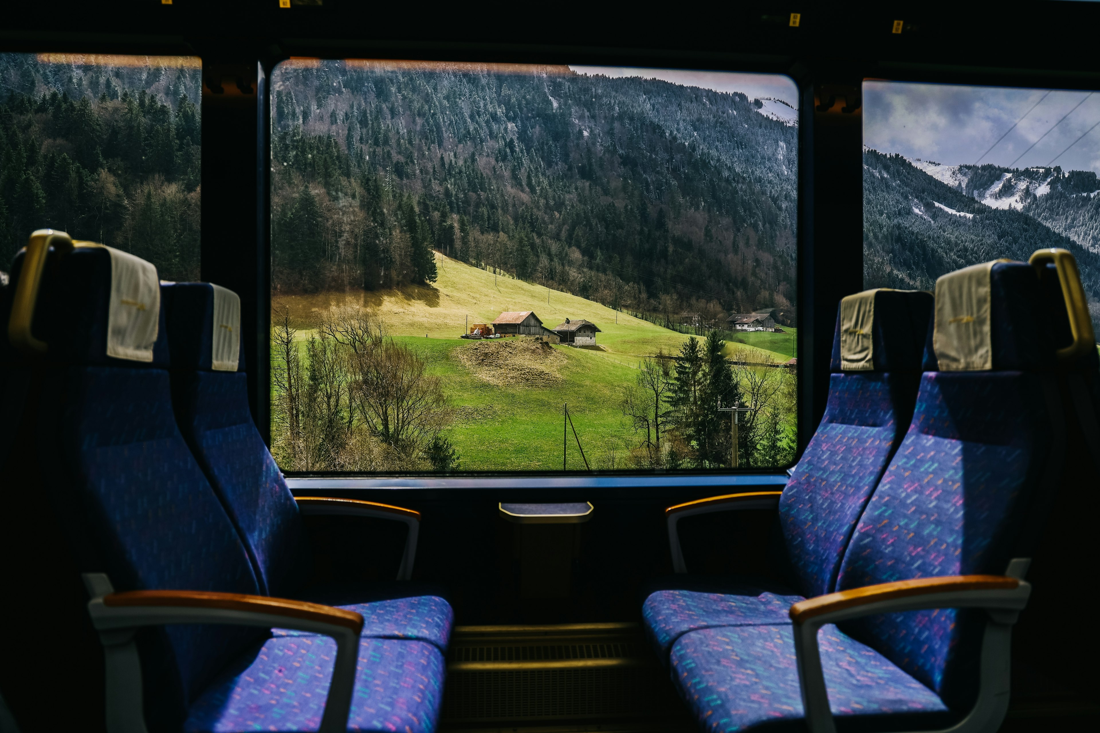 Wonderful view of Switzerland with mountain from the window of Golden pass line train, Zweisimmen to Montreux.