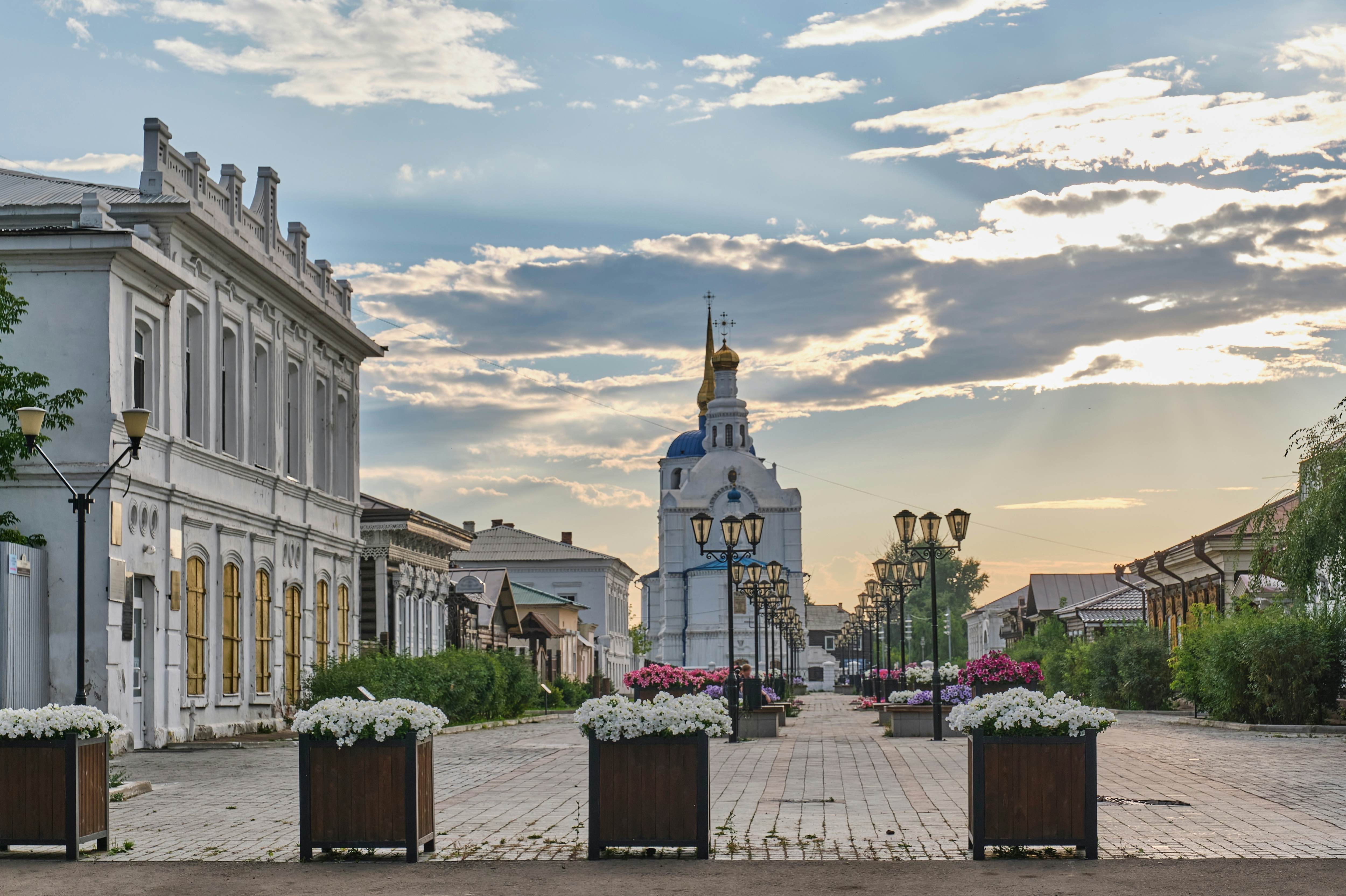 View of Sobornaya street, one of oldest streets in center of capital of Republic of Buryatia, Ulan-Ude, Russia. 