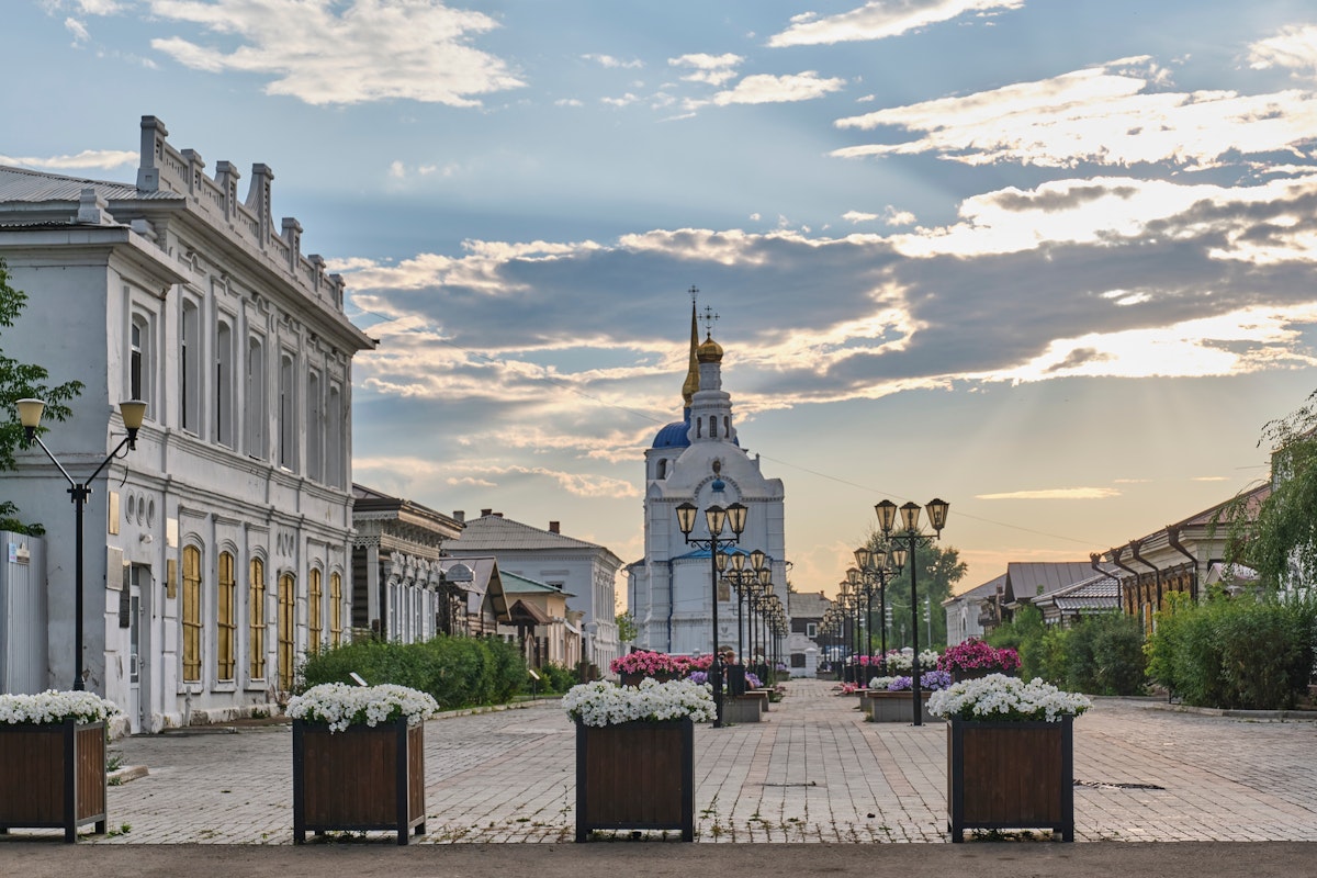 View of Sobornaya street, one of oldest streets in center of capital of Republic of Buryatia, Ulan-Ude, Russia. 