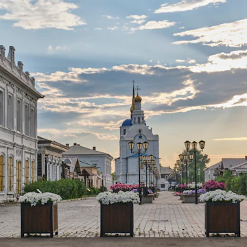View of Sobornaya street, one of oldest streets in center of capital of Republic of Buryatia, Ulan-Ude, Russia.