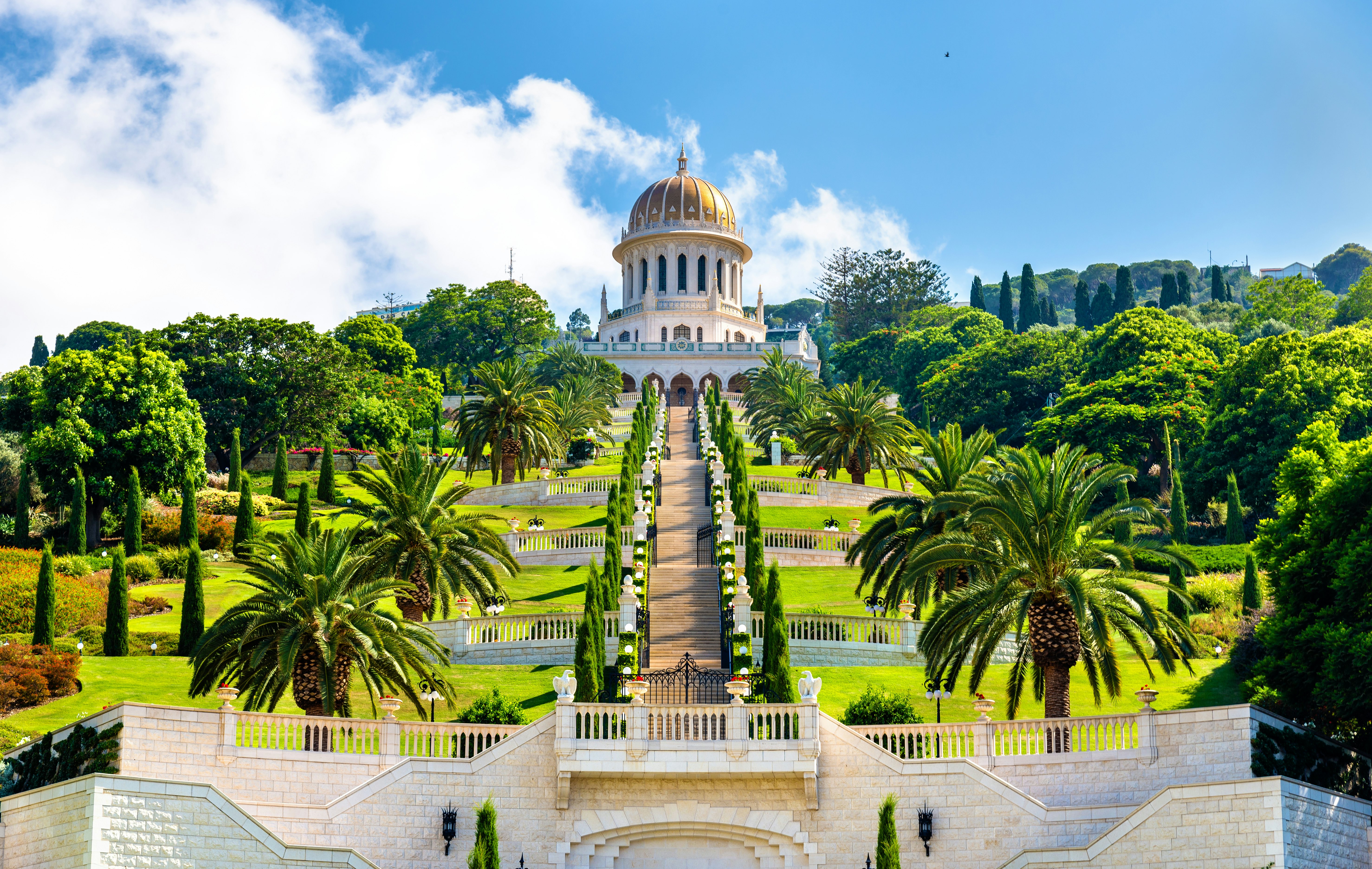 Shrine of the Bab and lower terraces at the Bahai World Center in Haifa, Israel.