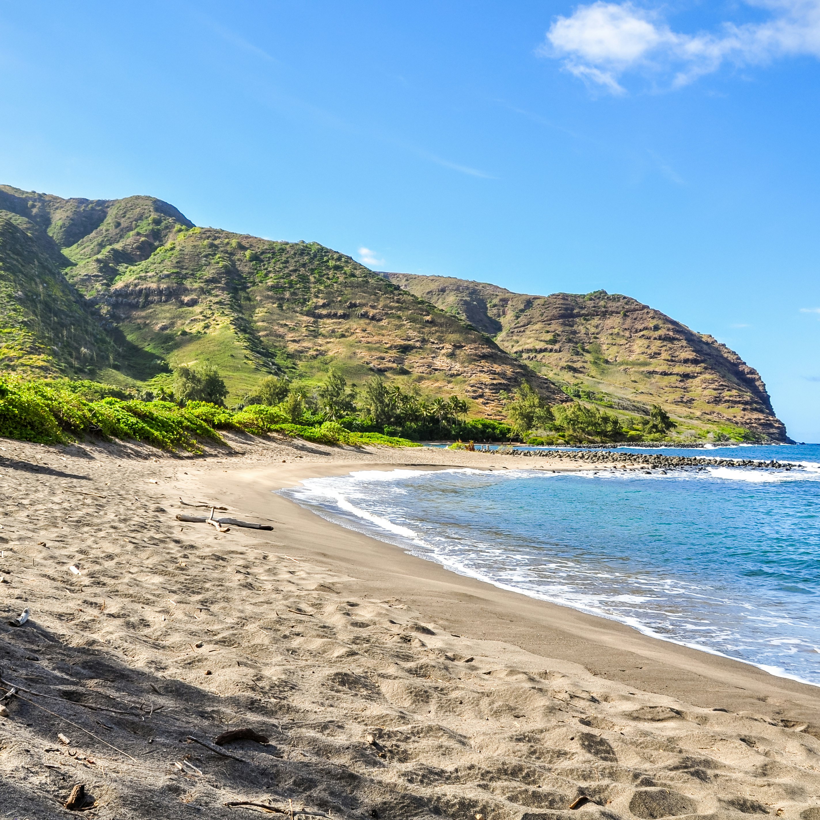 View of Halawa Beach Park and the Halawa Valley on the island of Moloka'i, Hawaii.