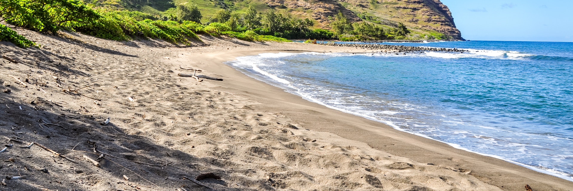 View of Halawa Beach Park and the Halawa Valley on the island of Moloka'i, Hawaii.