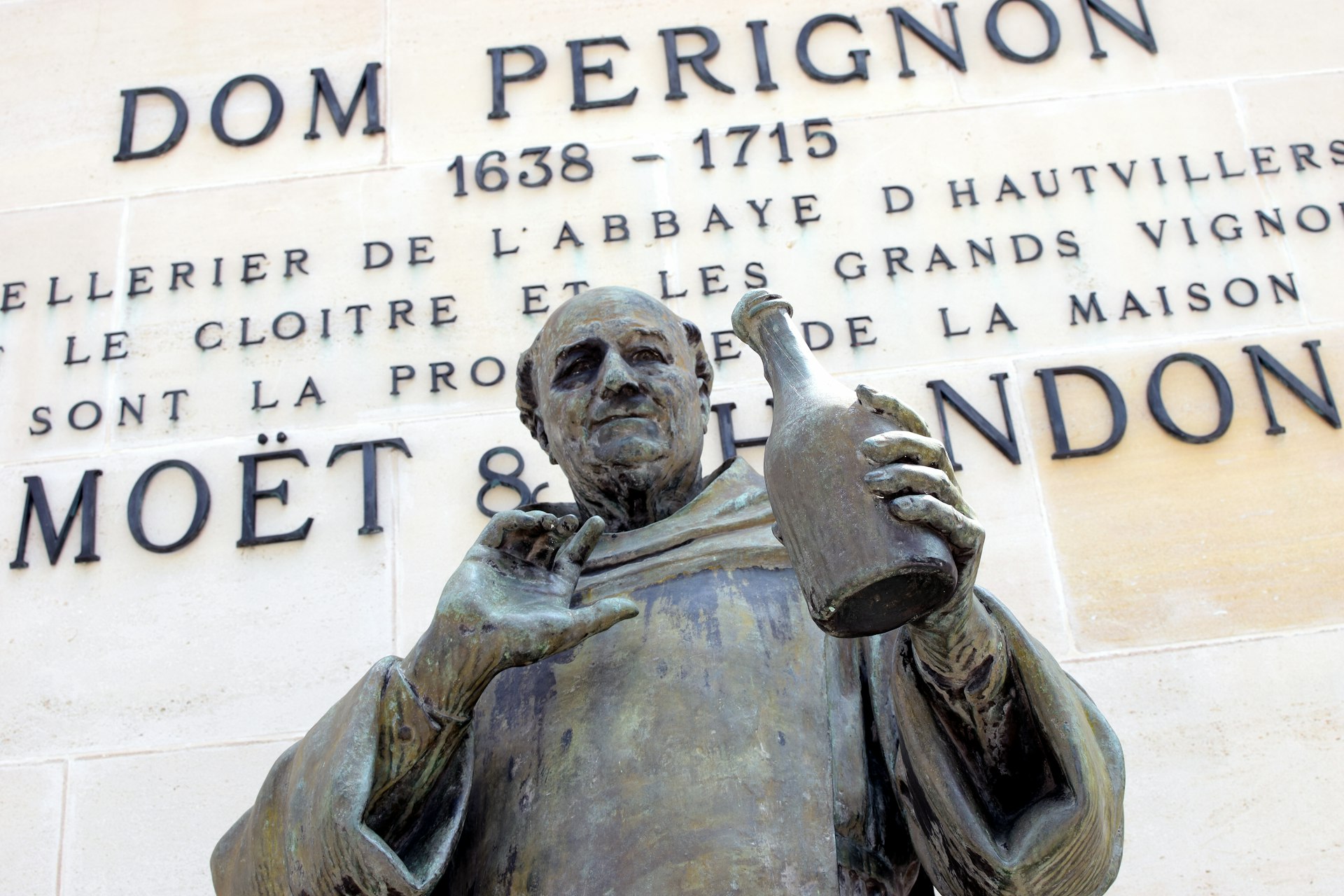 Close up of statue of Dom Perignon at Champagne house Moet & Chandon