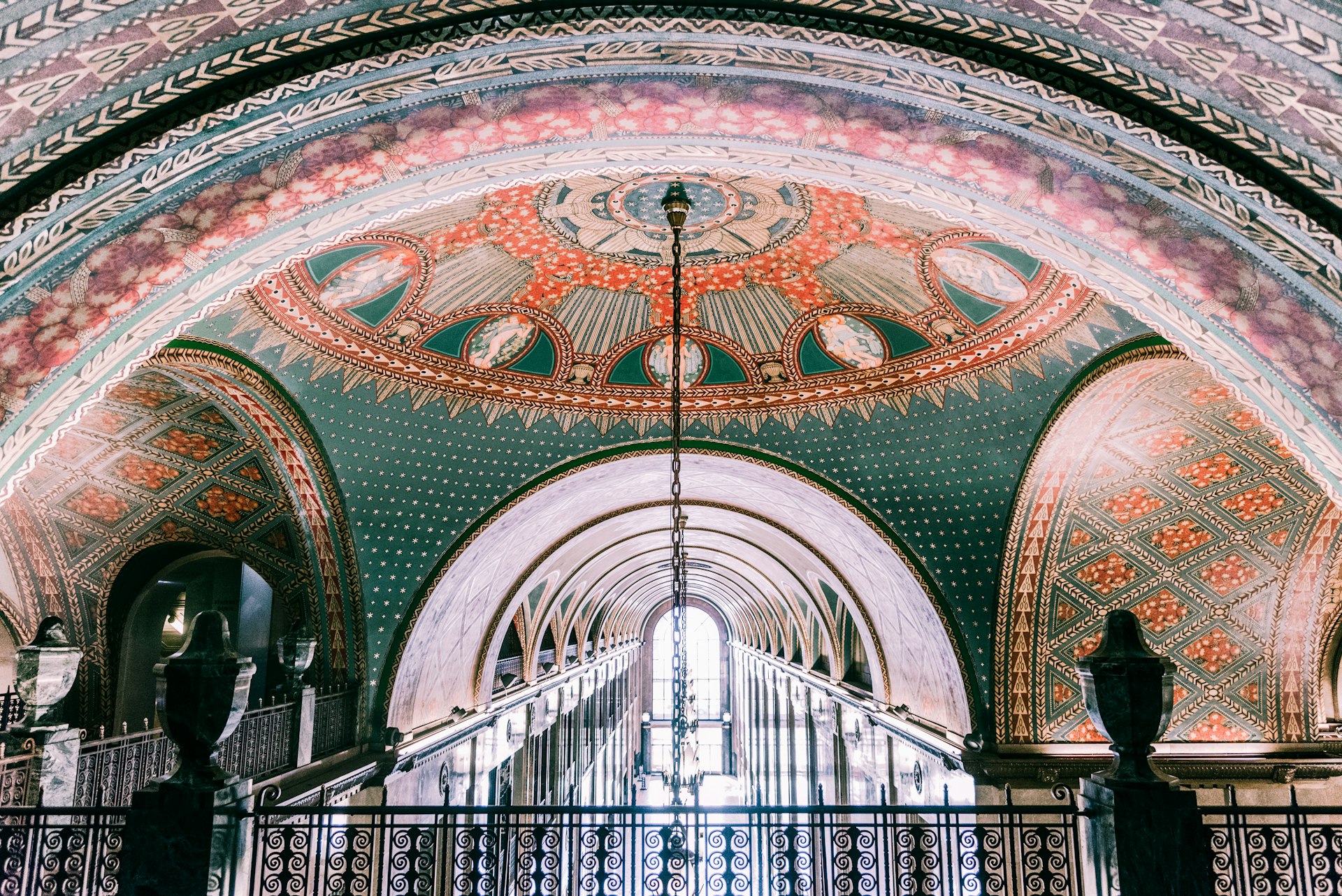 A colorful painted ceiling at the Fisher Building in Detroit