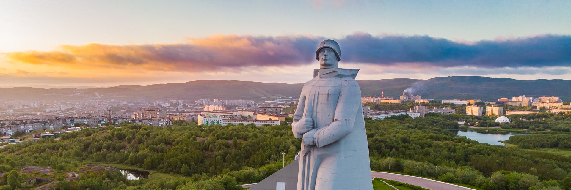 Aerial view of city monument Defenders of Soviet Arctic Alyosha.