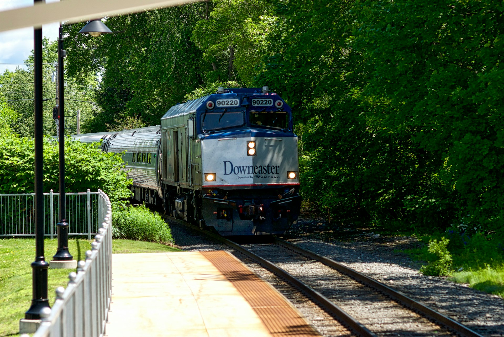 Amtrak's Downeaster train arrives at the Freeport Station to pick up passengers on its route South to Boston, Massachusetts