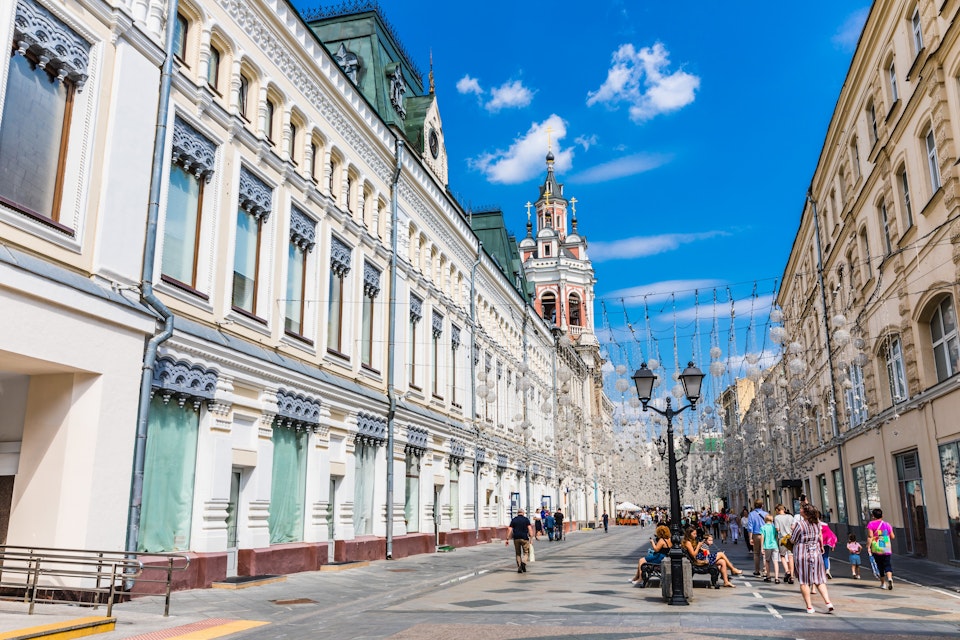 Nikolskaya Street, a pedestrian street in the Kitay-Gorod of Moscow, which connects Red Square and Lubyanka Square.