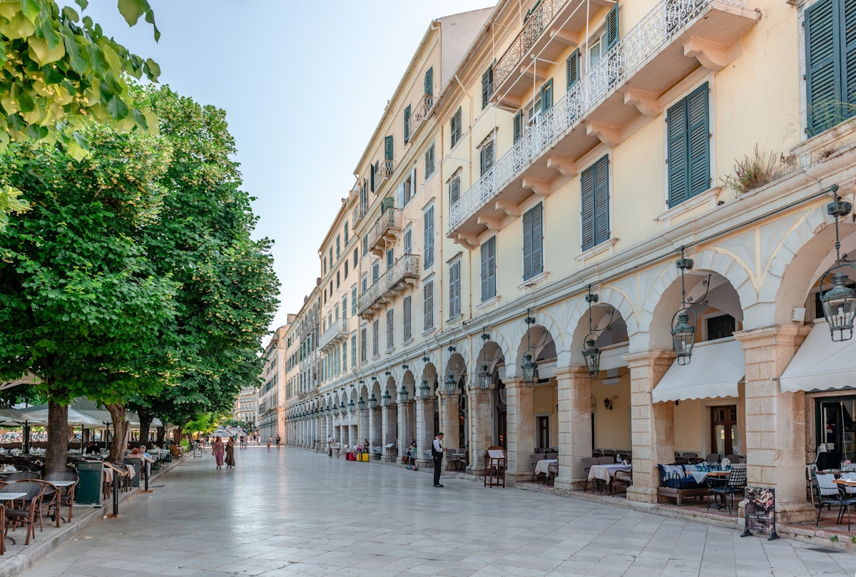 Liston, a pedestrian street with arcaded terraces and fashionable cafes in the western edge of Spianada Square in the center of the city.