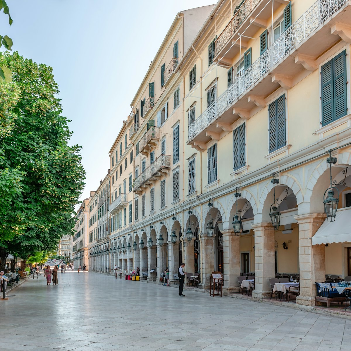 Liston, a pedestrian street with arcaded terraces and fashionable cafes in the western edge of Spianada Square in the center of the city.