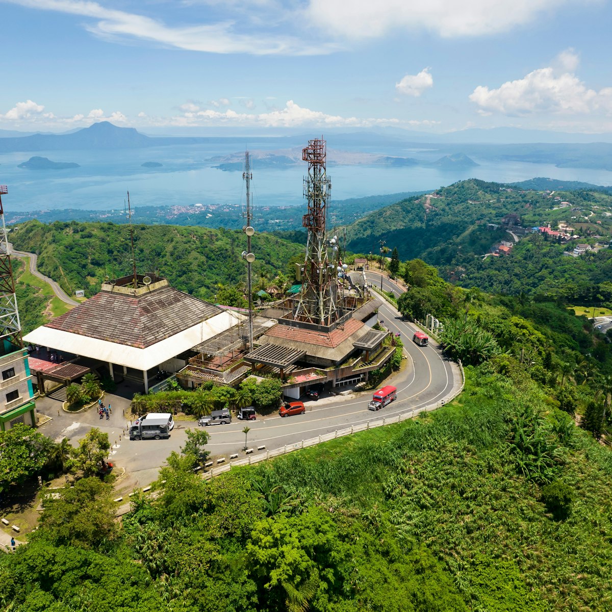 Aerial view of People's Park in the Sky perched atop Mount Sungay overlooking Taal volcano and lake. A Doppler weather radar station is found within the complex.