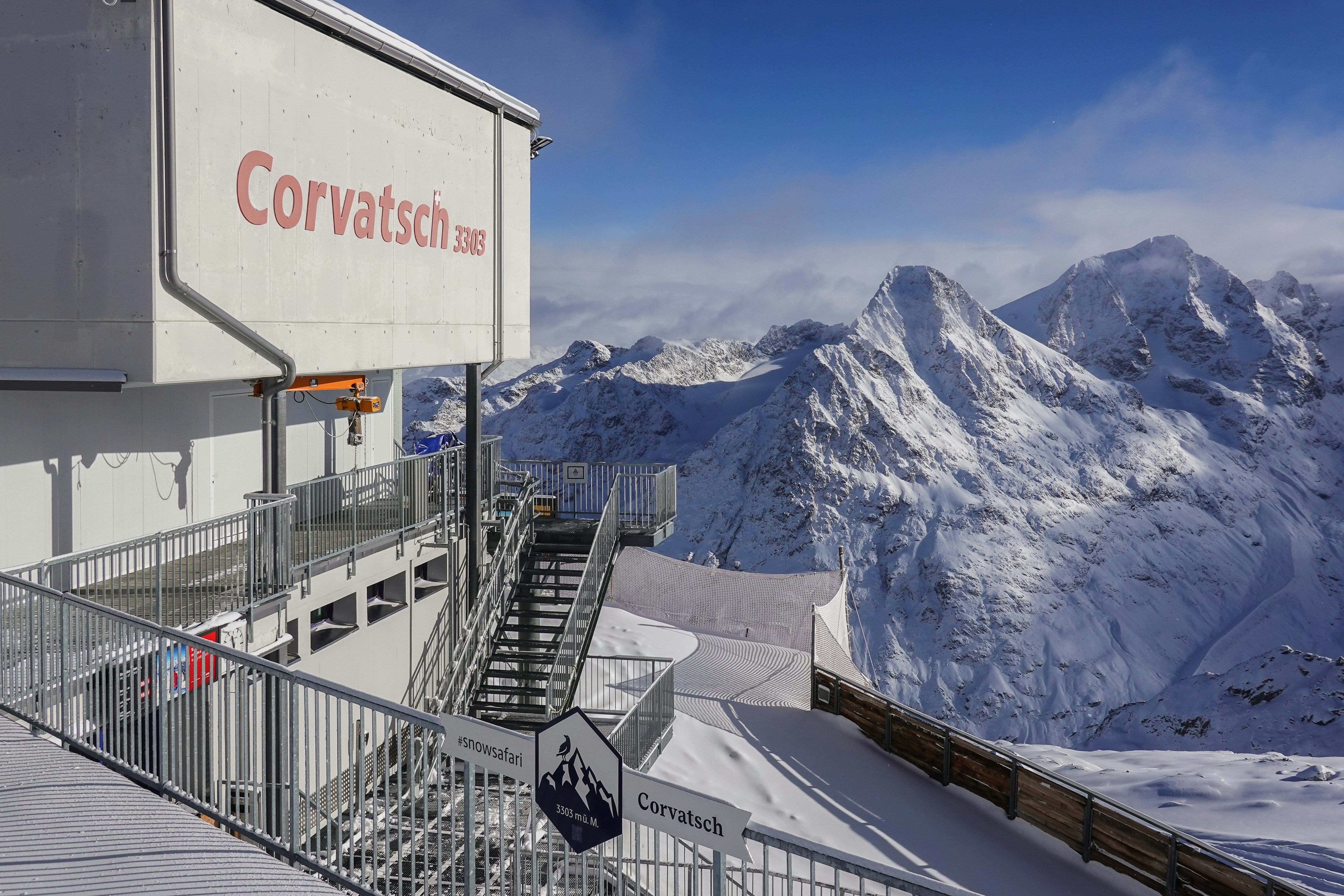 View of the Corvatsch cable car Bergstation that stands at 3303m in the Swiss alps in Canton Graubunden.