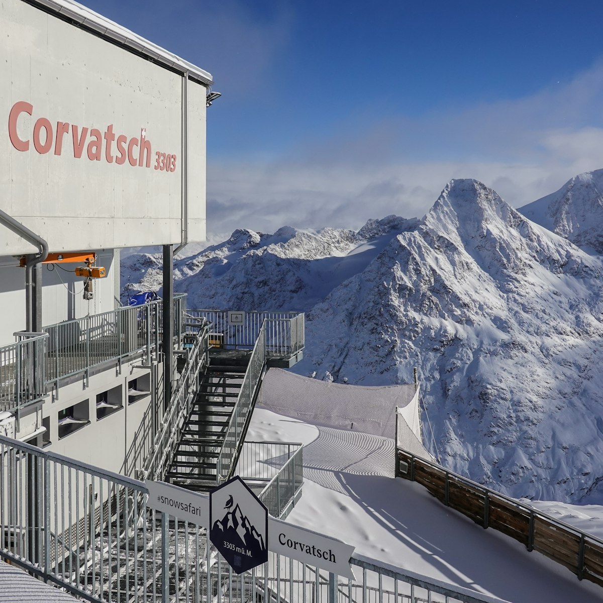 View of the Corvatsch cable car Bergstation that stands at 3303m in the Swiss alps in Canton Graubunden.