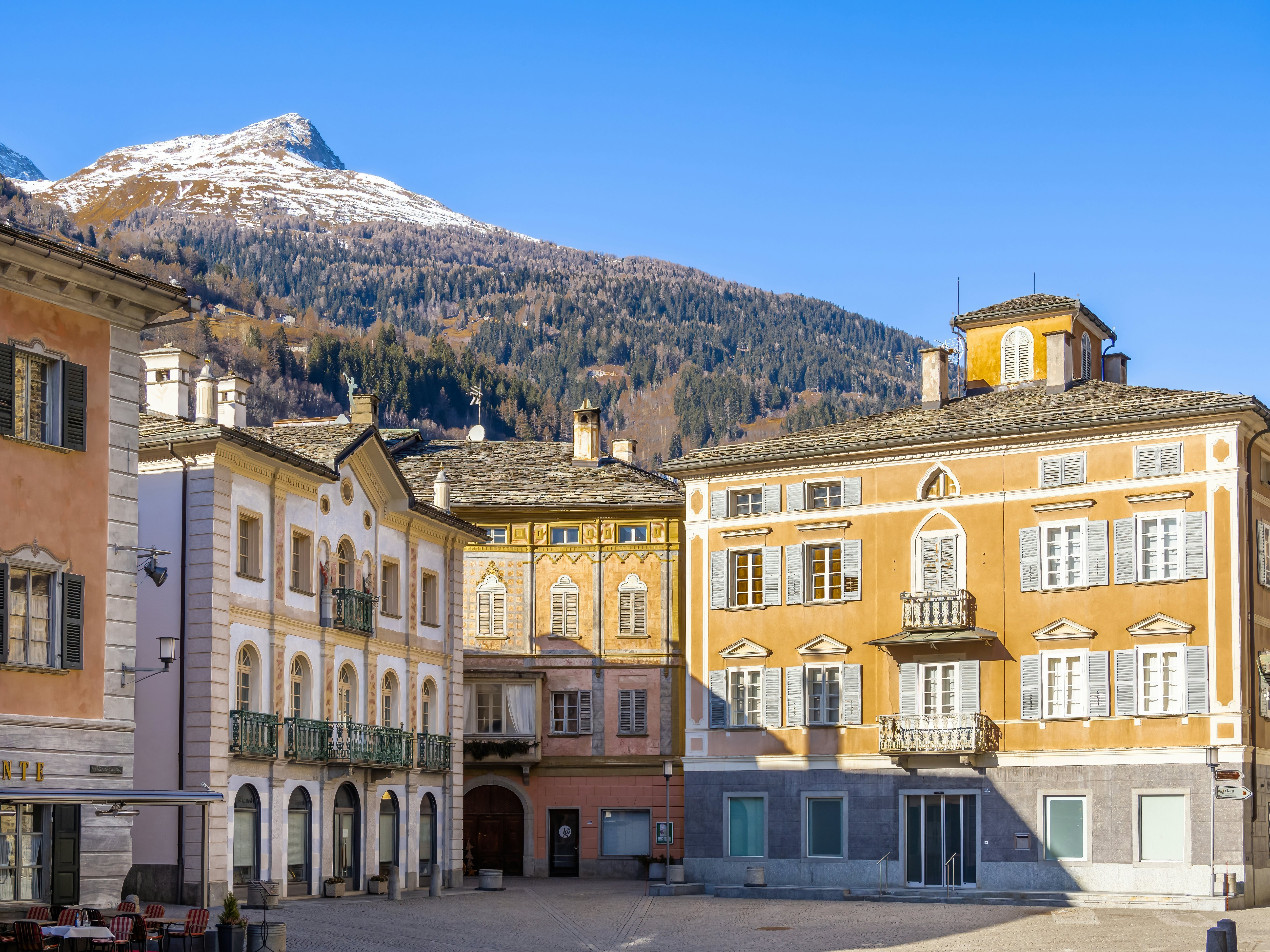 Historical square and houses of the old town of Poschiavo.