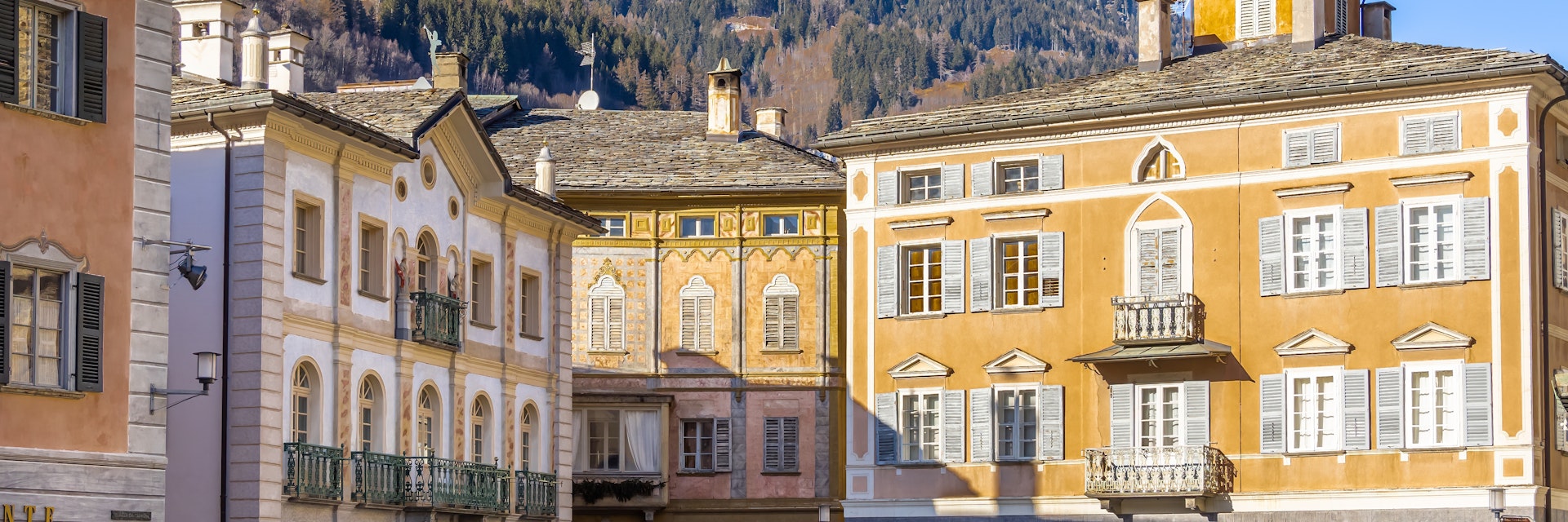 Historical square and houses of the old town of Poschiavo.