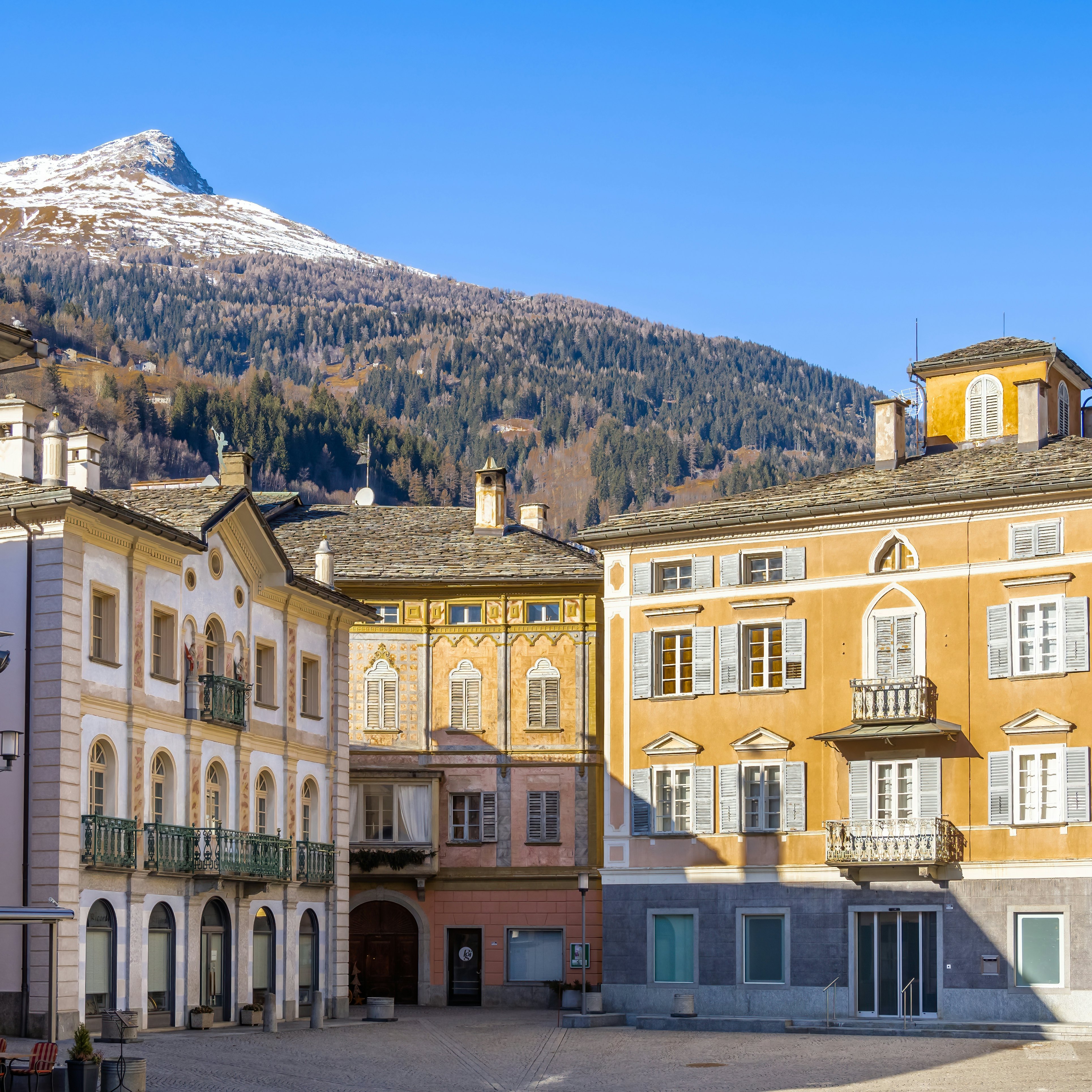 Historical square and houses of the old town of Poschiavo.
