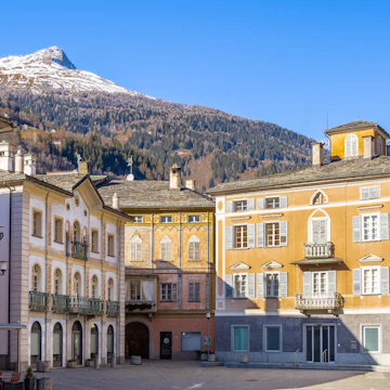 Historical square and houses of the old town of Poschiavo.