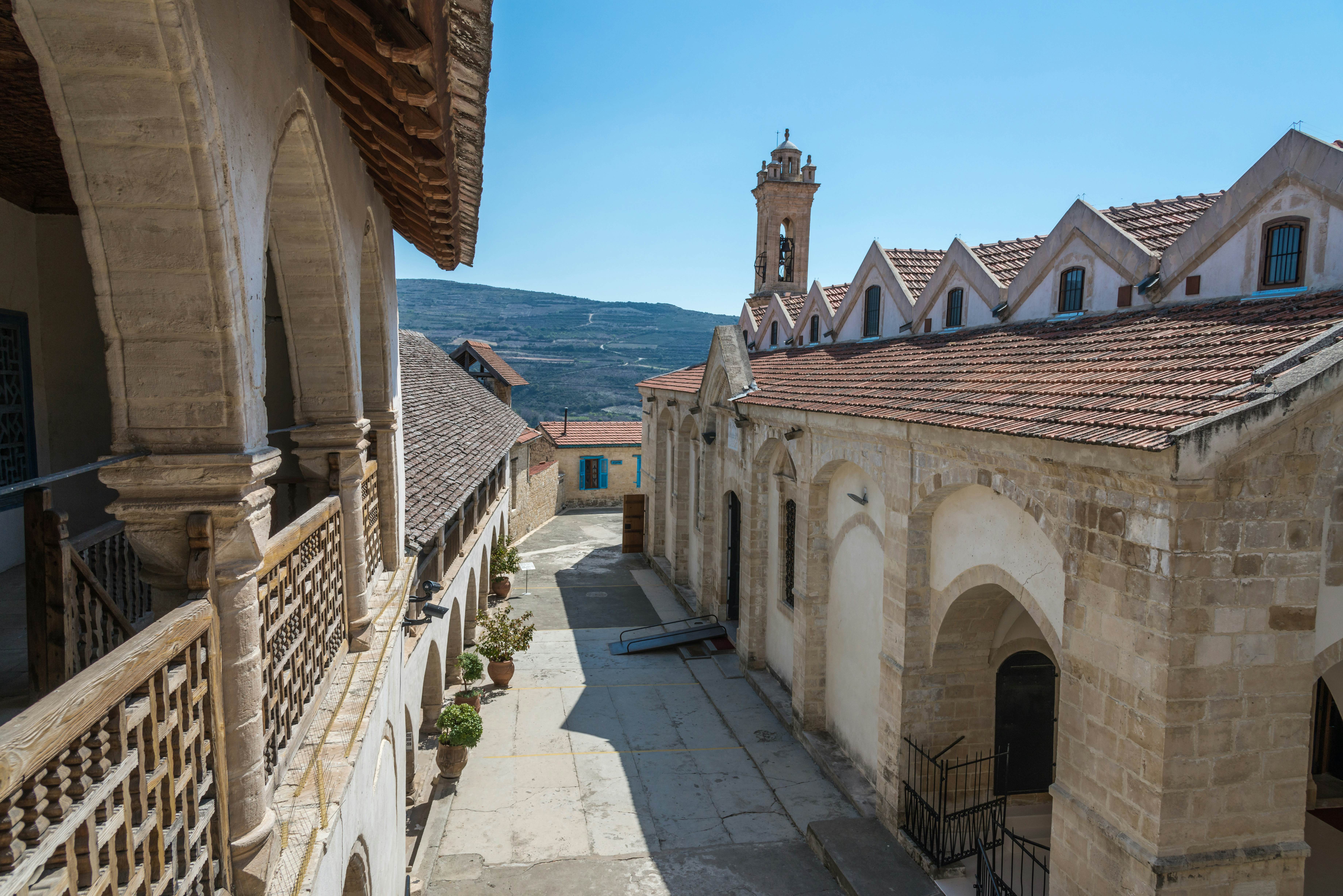 Courtyard of the Timiou Stavrou Monastery in the village of Omodos in the Troodos Mountains of central Cyprus.