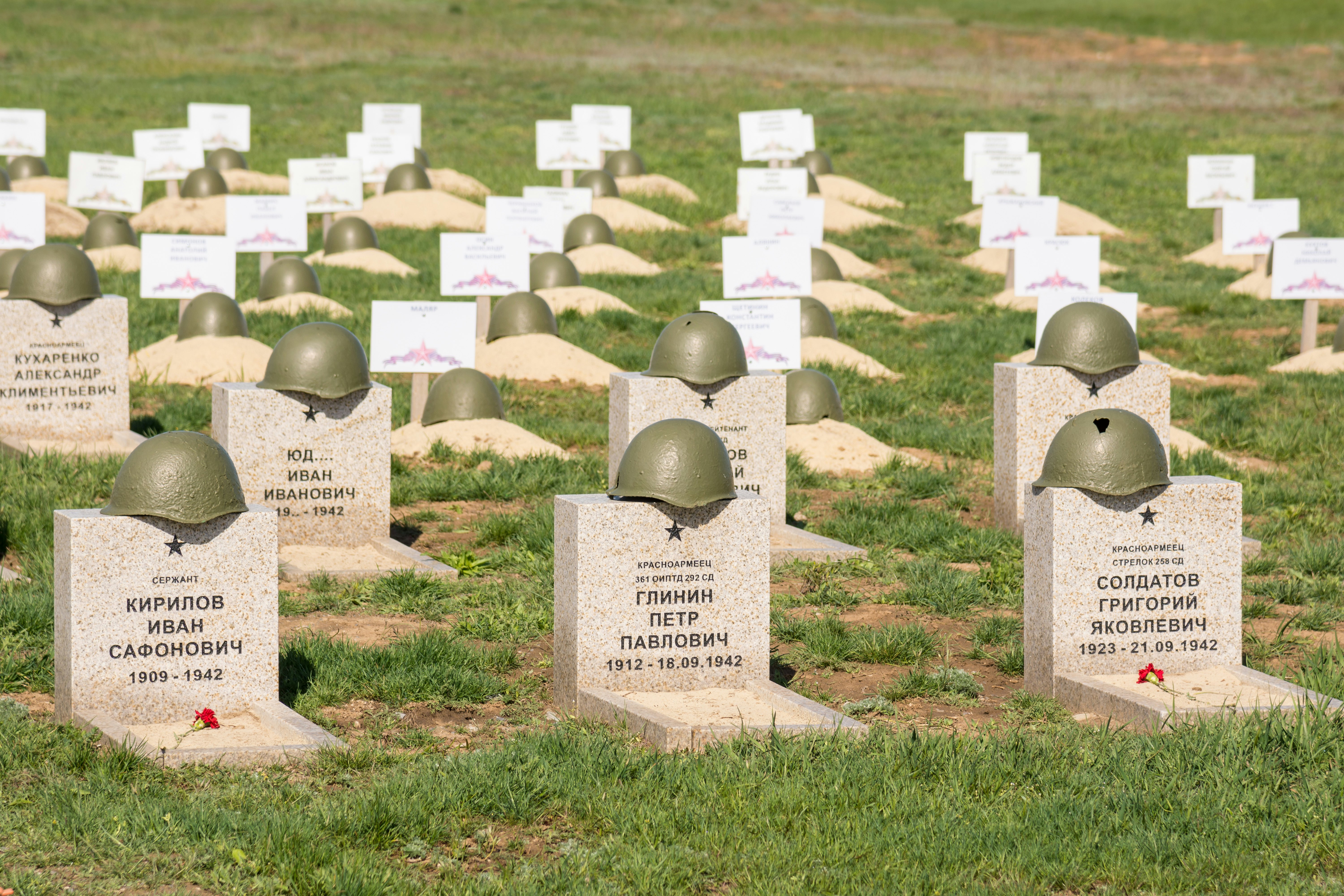 The graves of soldiers at the Soviet War Memorial Cemetery of those killed in the Battle of Stalingrad in the village Rossoshka Gorodishchensky District.