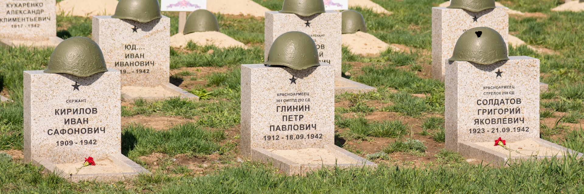 The graves of soldiers at the Soviet War Memorial Cemetery of those killed in the Battle of Stalingrad in the village Rossoshka Gorodishchensky District.