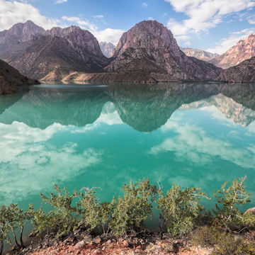 Iskanderkul mountain lake of glacial origin in Tajikistan's Sughd Province.