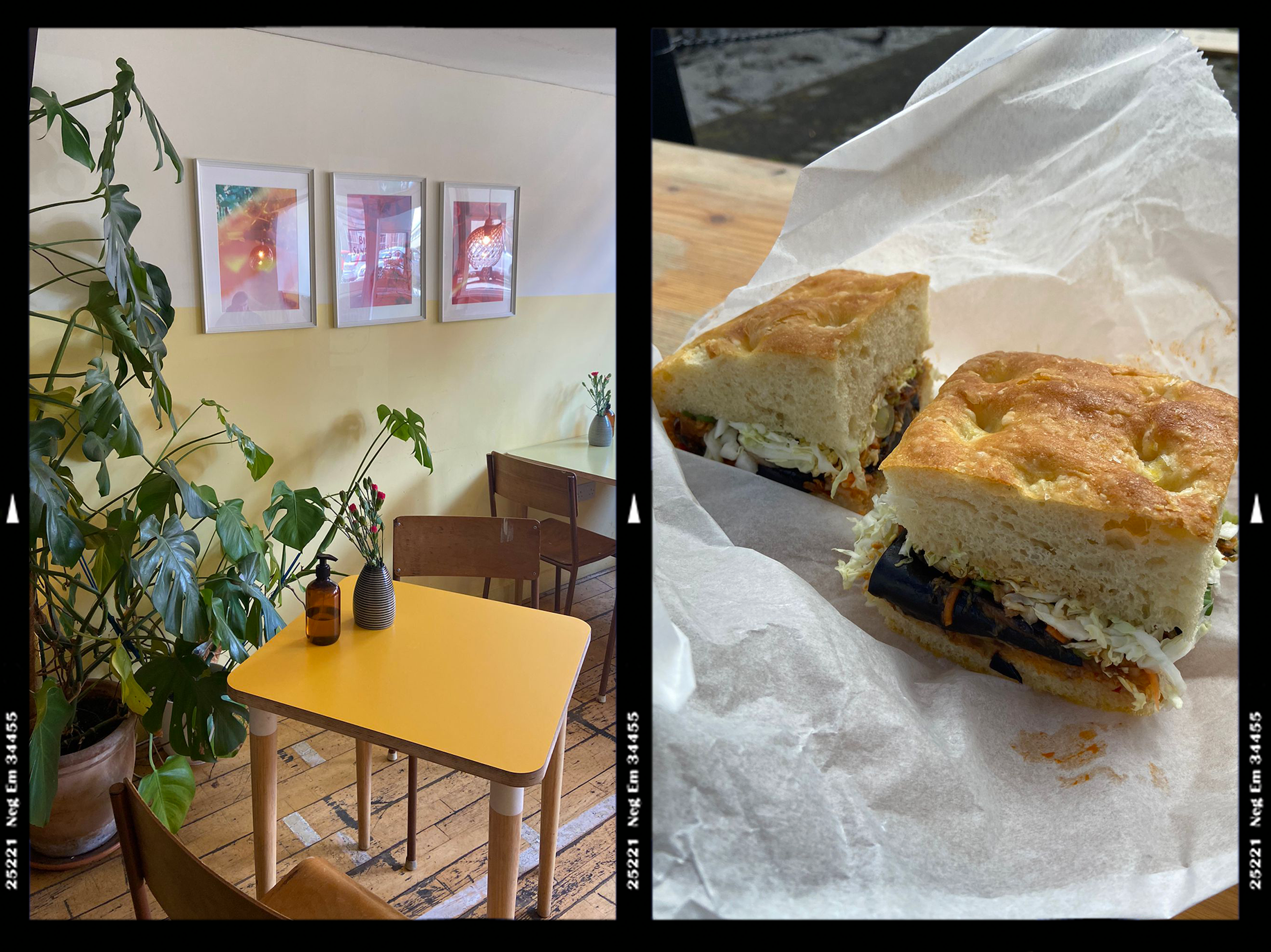 Close-up of sandwich with hot stuffing in cafe