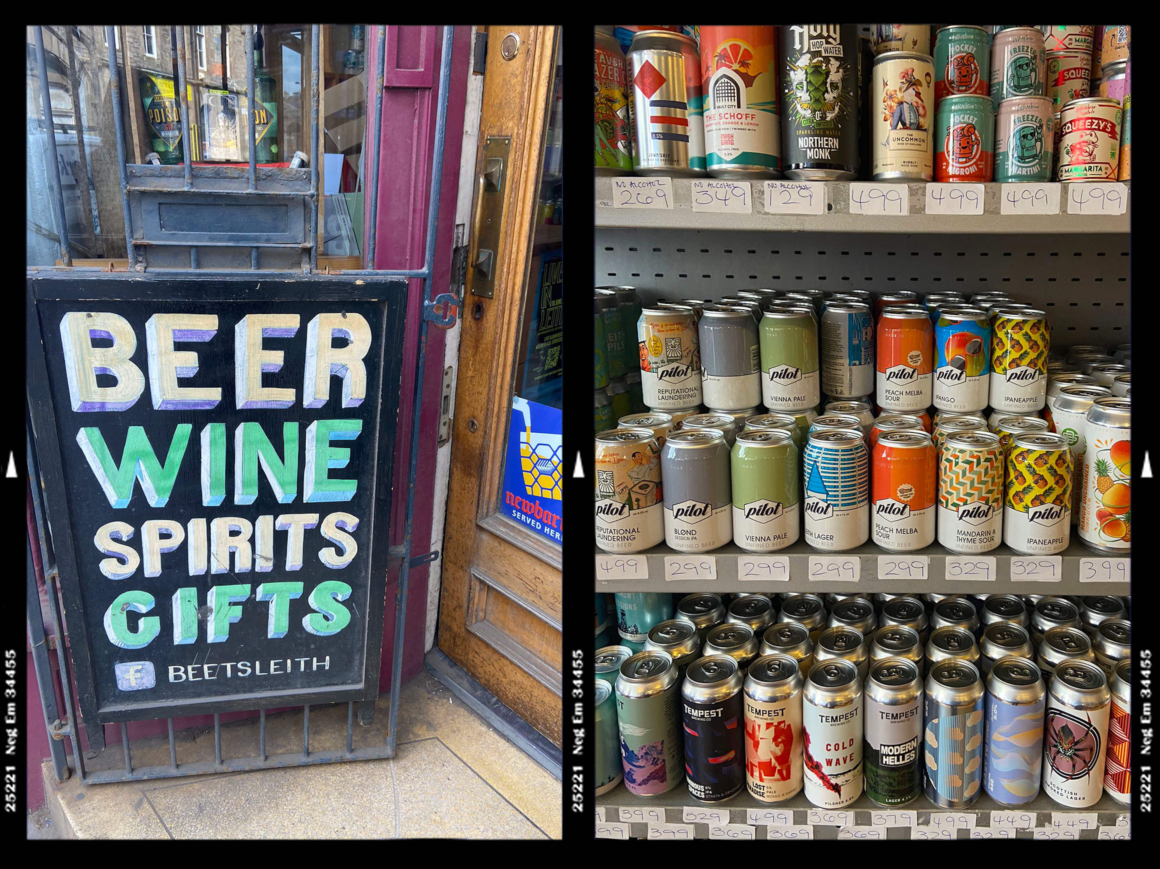 Cans of craft beer lined up in bottle shop