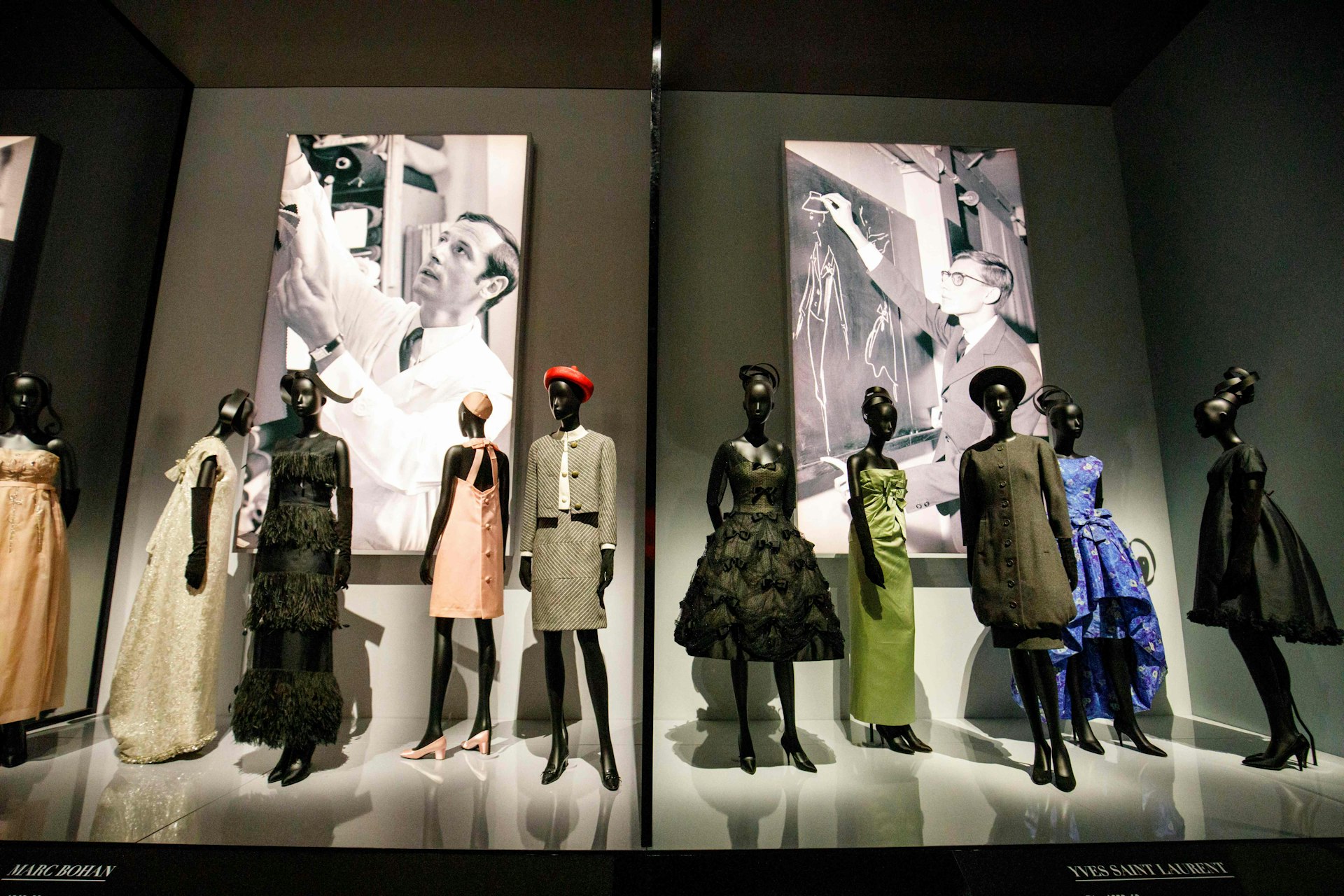Costumes by Dior designers Marc Bohan and Yves Saint Laurent at the 2019 exhibition at “Christian Dior: Designer of Dreams,” V&A Museum, London, England, United Kingdom