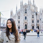 Tourist woman posing near Duomo cathedral in Milan, Italy, Europe
1225551300
