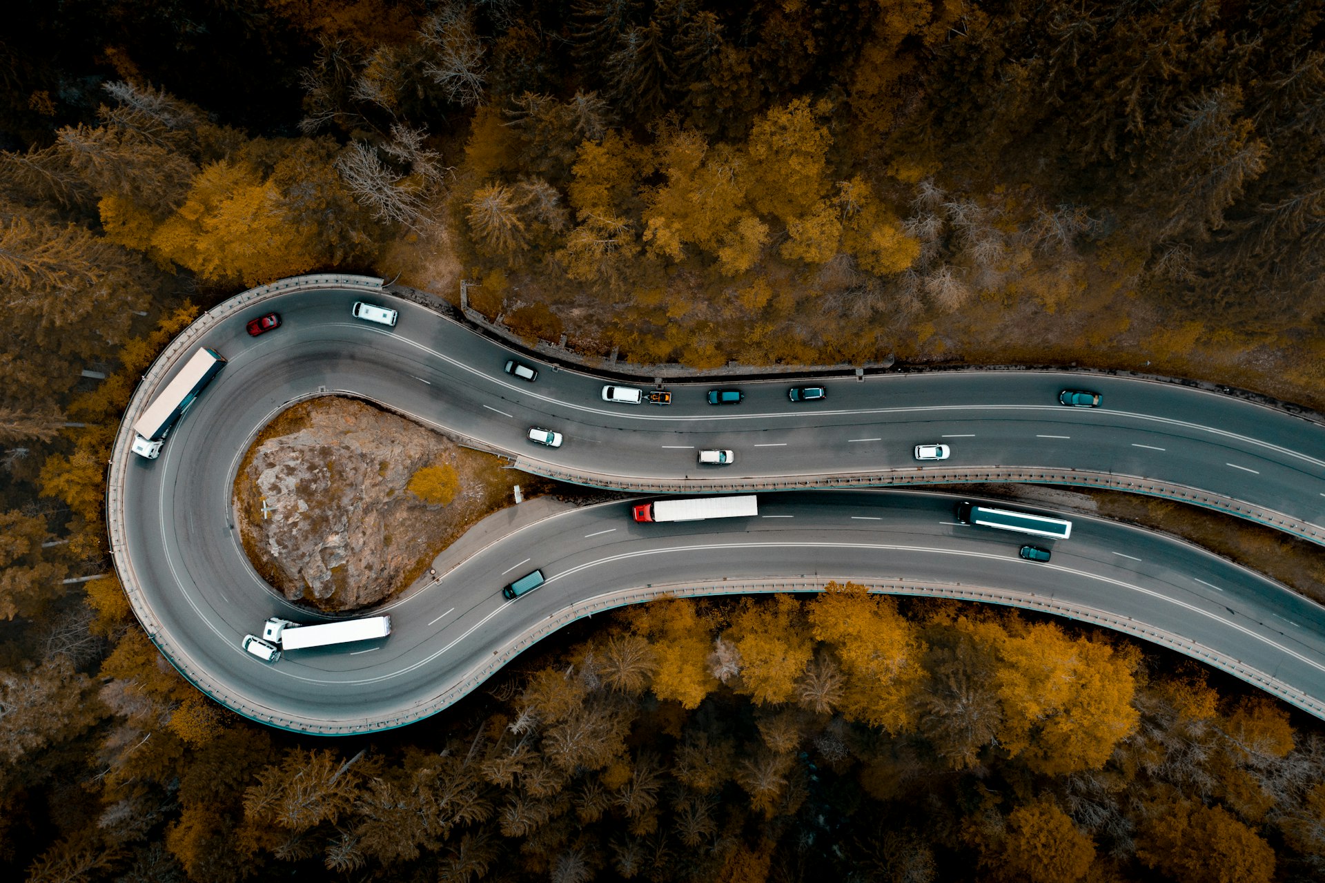 Drone view of a horseshoe curve on the Schwarzwaldhochstrasse in fall, Black Forest, Germany