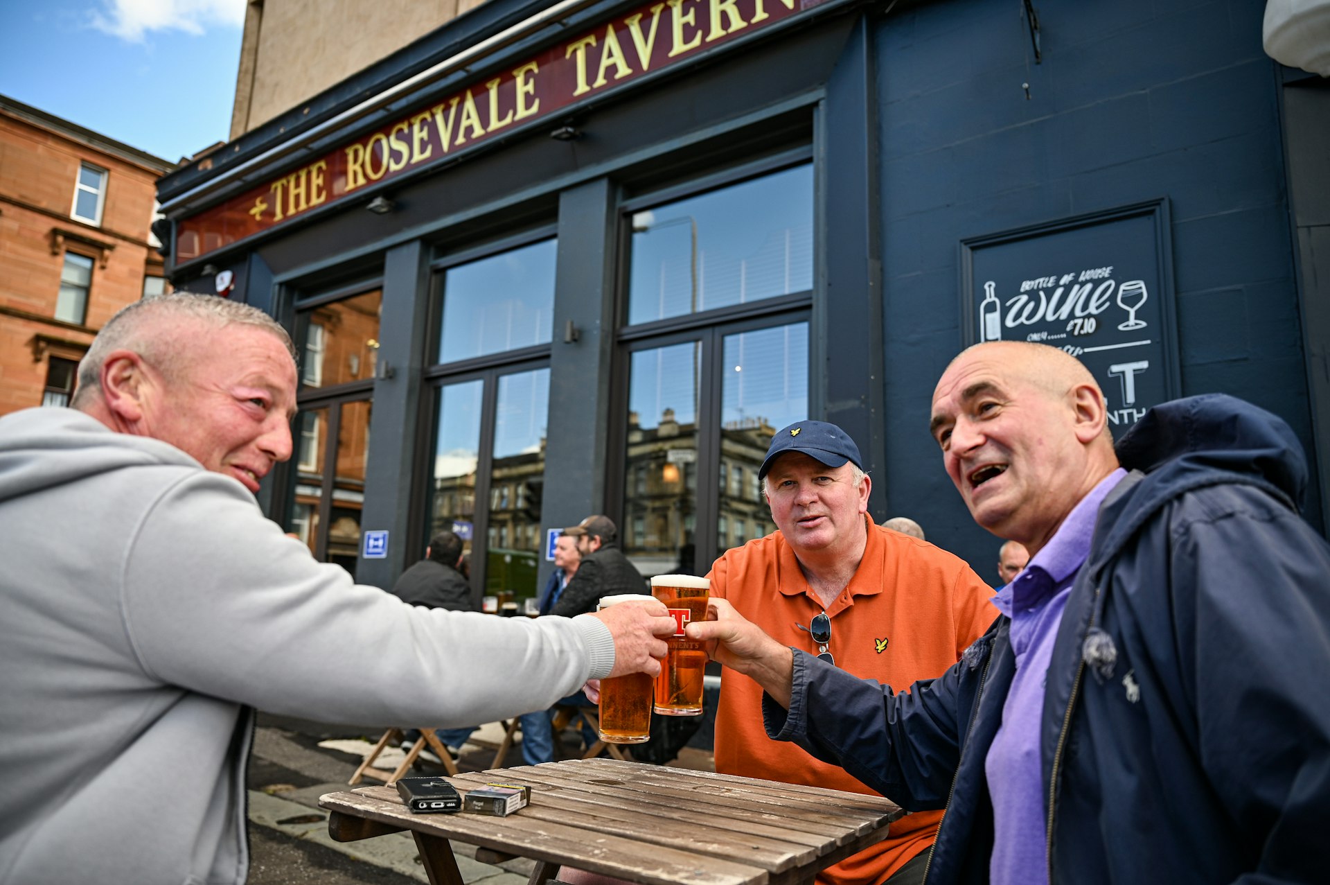 embers of the public enjoy their first drink in a beer garden at the Rosevale Tavern in Partick on July 06, 2020 in Glasgow, Scotland. 