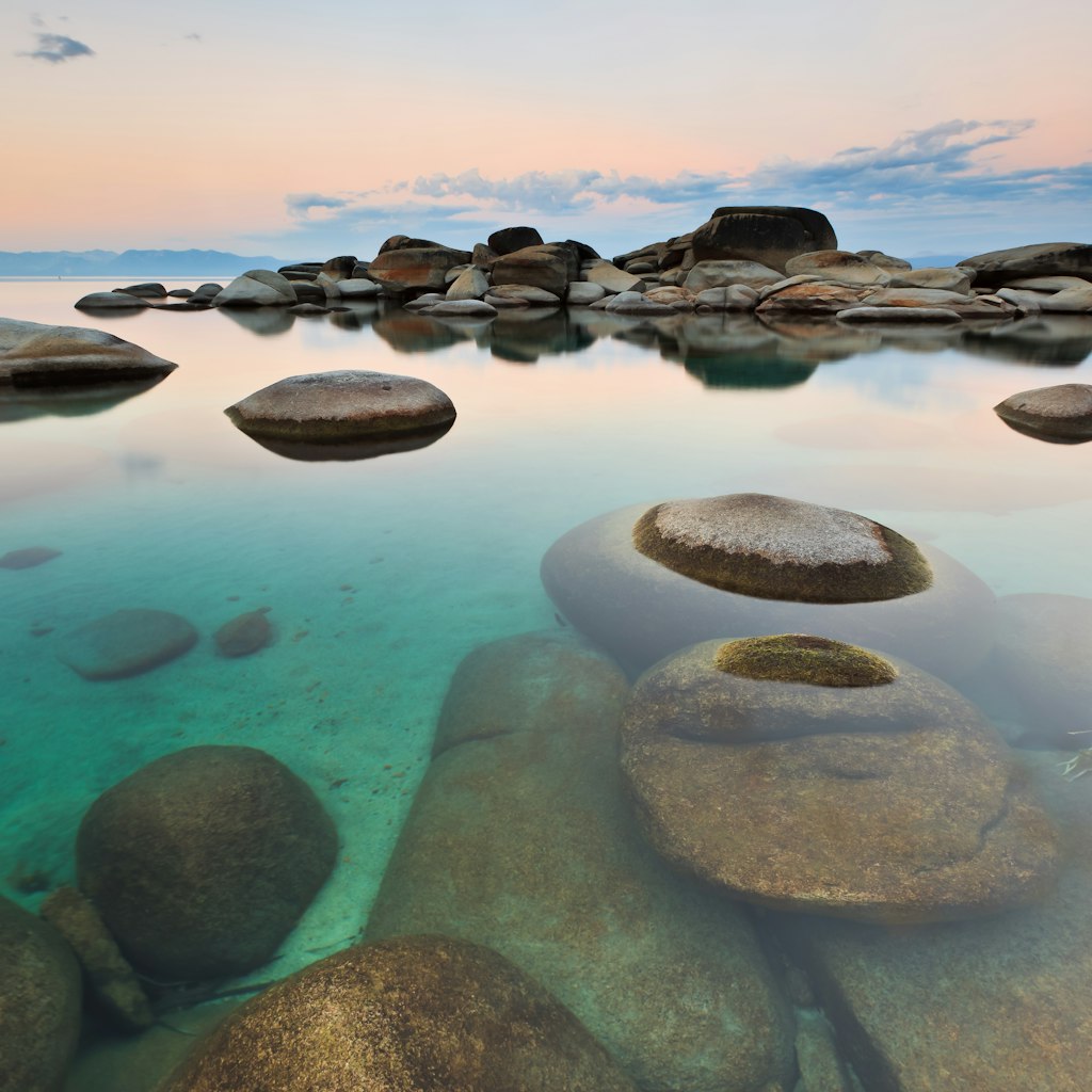 Clear water and rocks in Lake Tahoe.