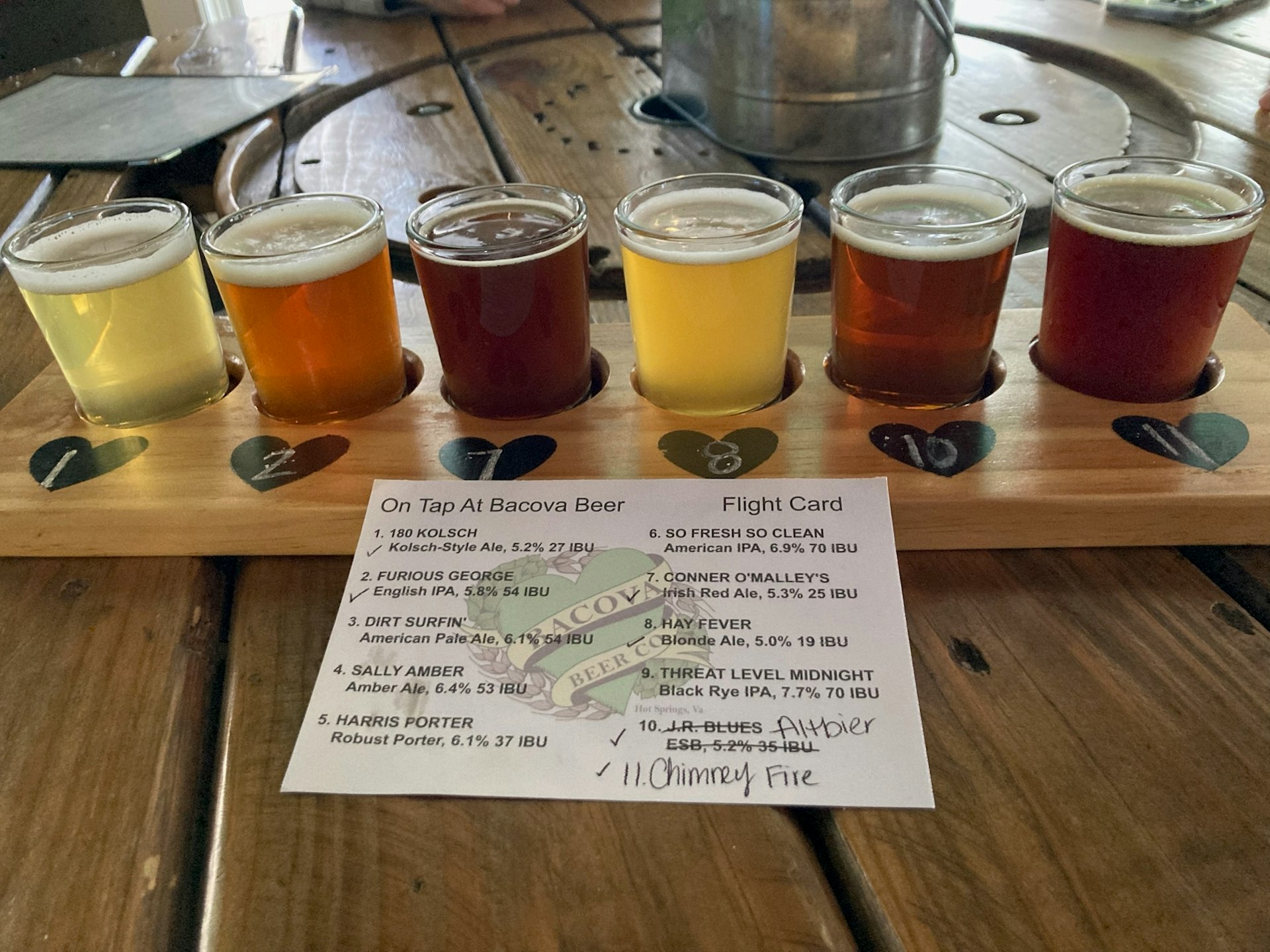 A flight of 6 different beers on a wooden tray