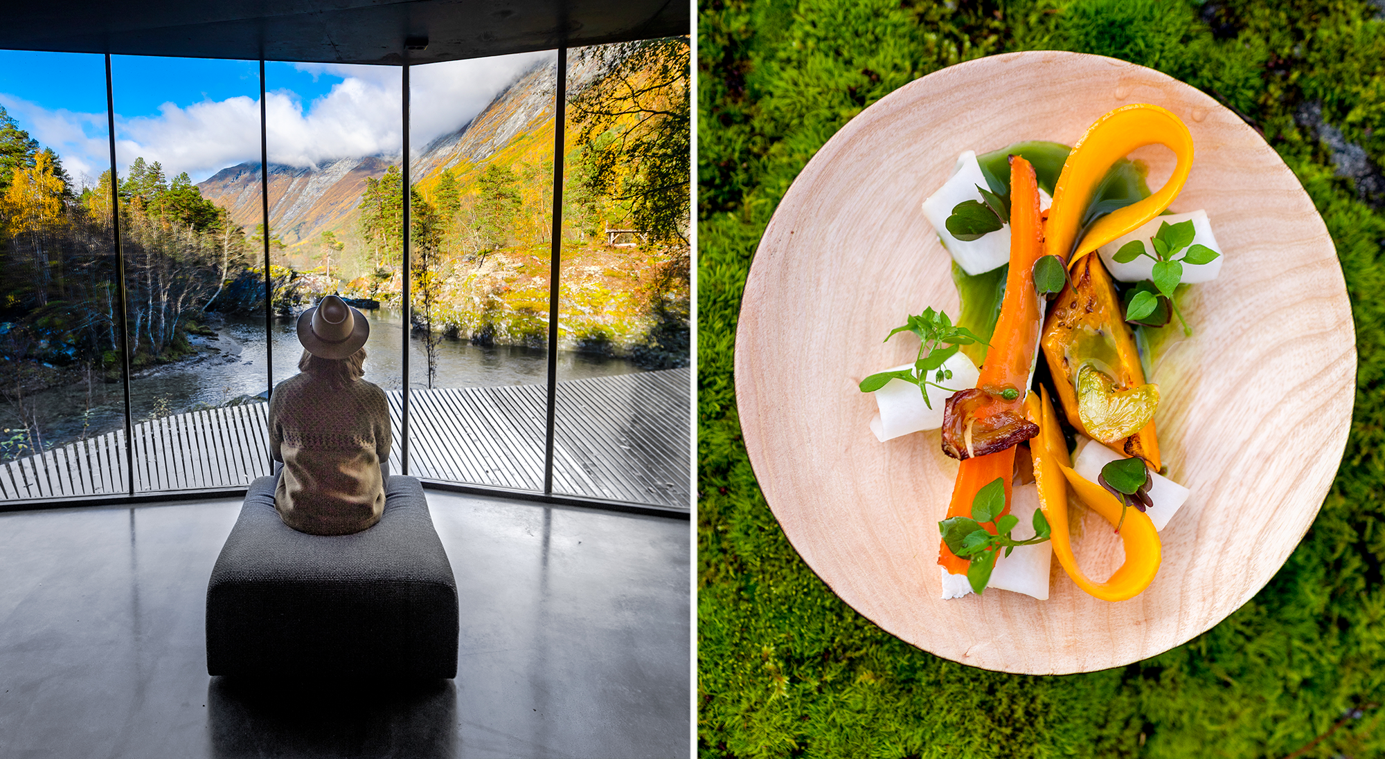 A guest and a plate of food at Juvet Landscape Hotel, Norway