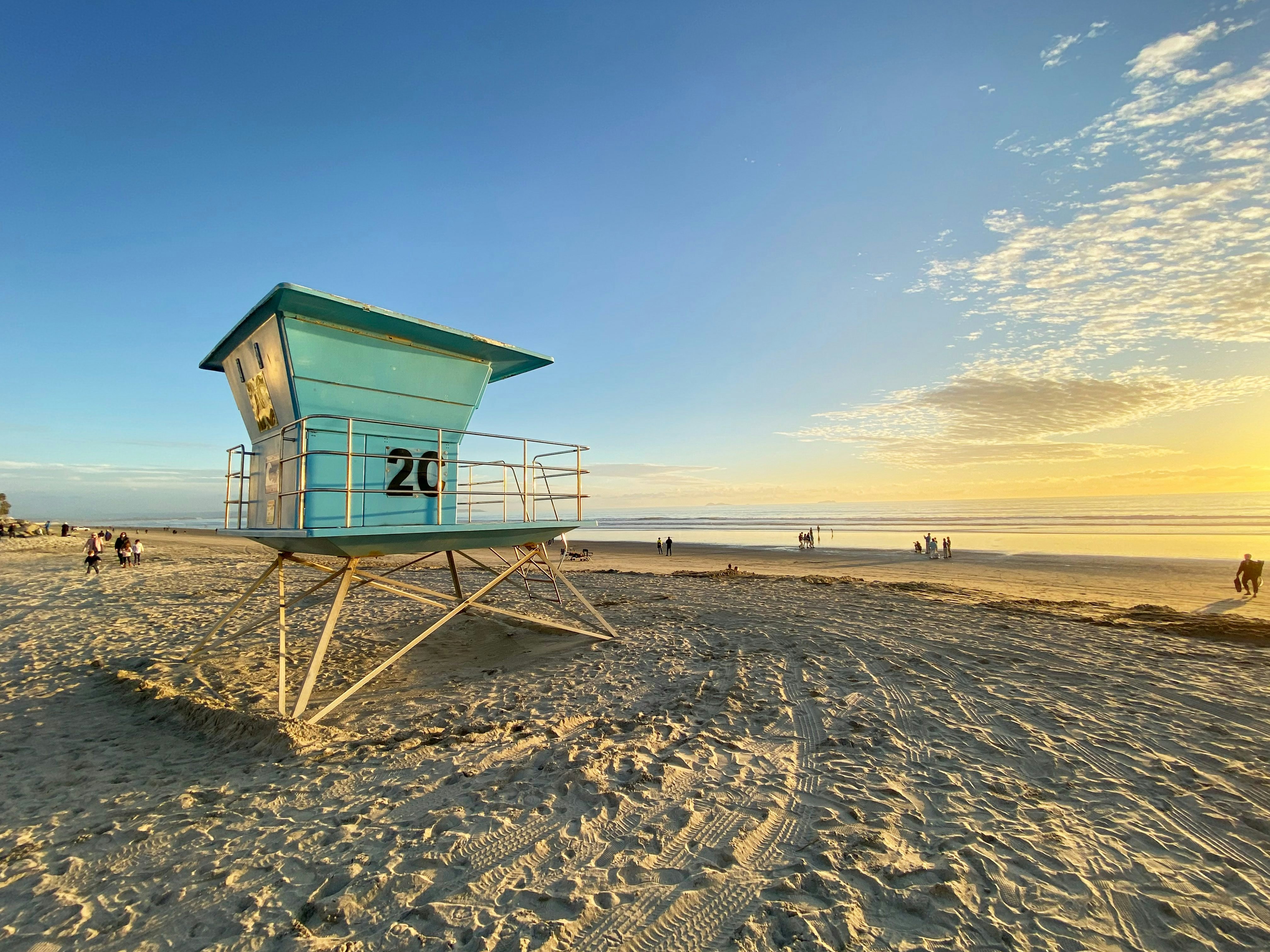 Lifeguard tower on the Coronado Beach during sunset time. 