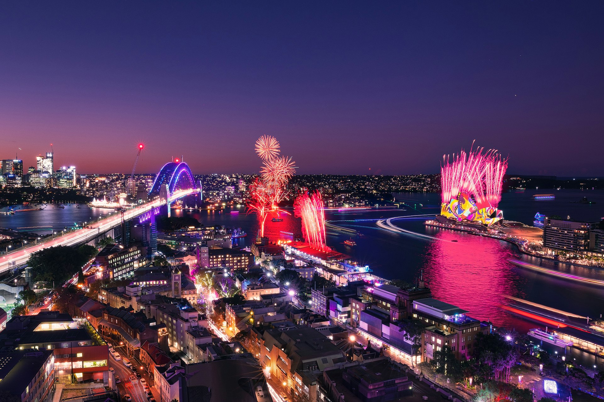 Fireworks go off over Sydney Harbour during the Vivid Festival 2022